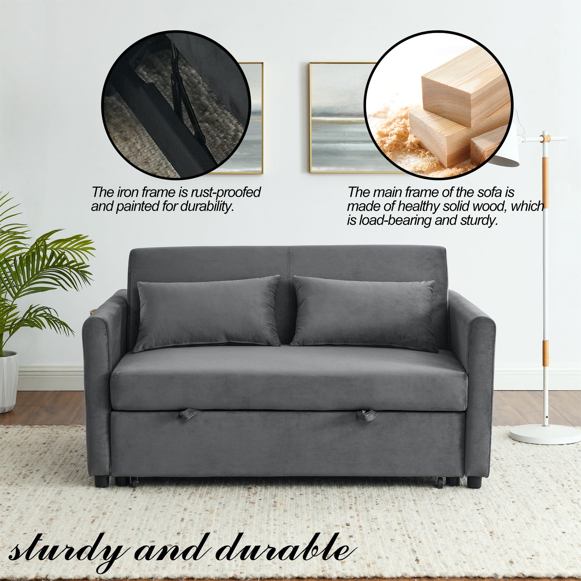 Convertible Sofa Bed, 3 In 1 Versatile Velvet Double Sofa With Pullout Bed, Seat With Adjustable Backrest, Lumbar Pillows, And Living Room Side Pockets, 54 Inch, Grey Light Brown Wood Primary Living Space Delicate Duty Eucalyptus 2 Seat Grey Velvet Soft