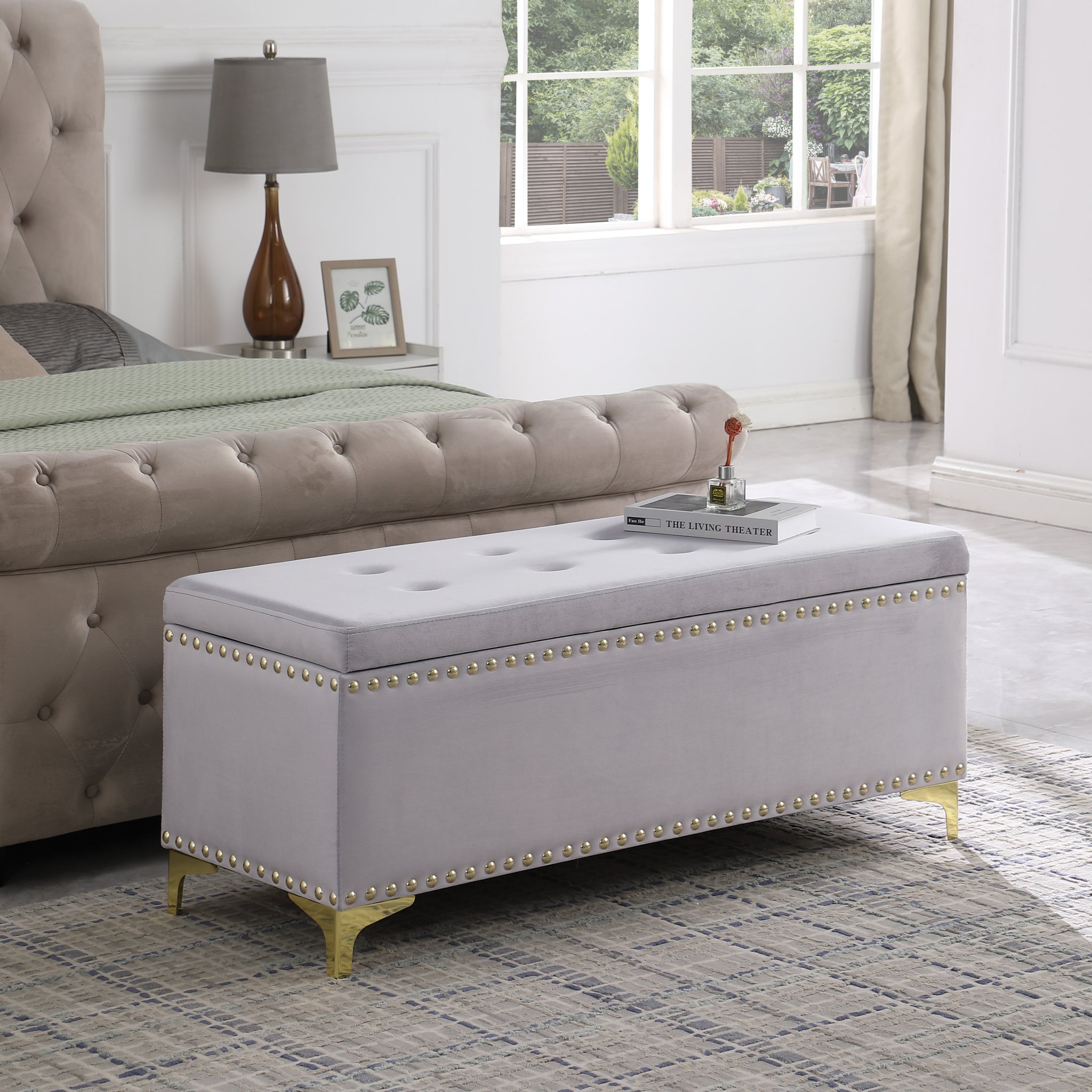Large Storage Benches Set, Nailhead Trim 2 in 1 light gray-fabric