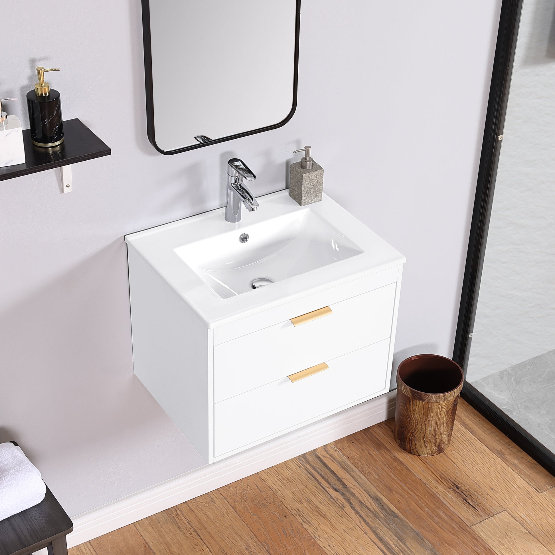 24" Floating Wall Mounted Bathroom Vanity With White Ceramic Sink And Drawer Storage White Wall Mounted Ceramic Mdf