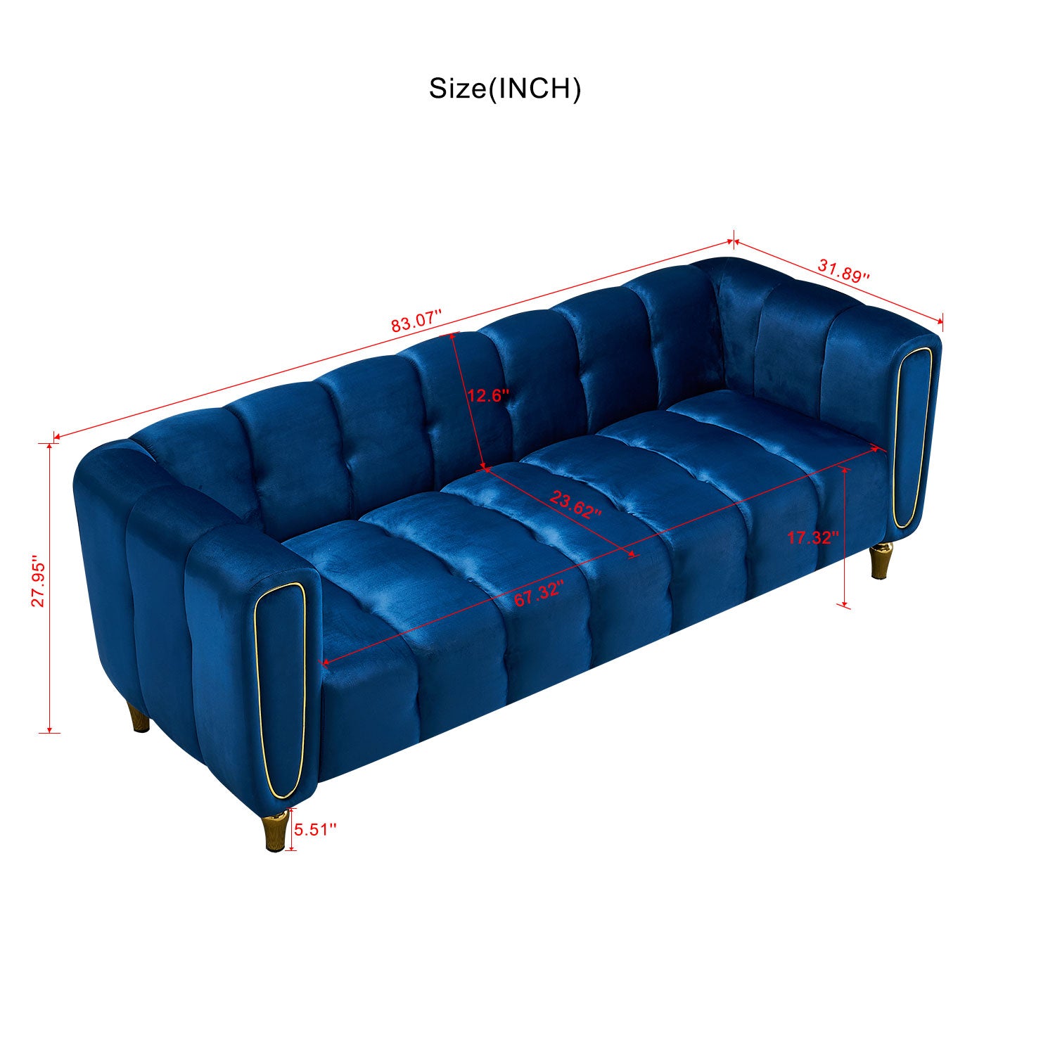 Modern Velvet Sofa 83.07 Inch For Living Room Blue Color Blue Velvet Wood Primary Living Space Tufted Back Modern Rolled Arms Foam Velvet 1 Seat