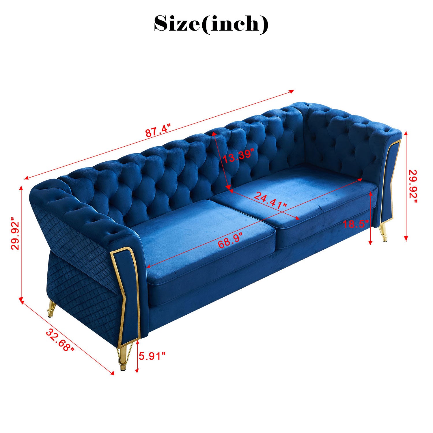 Modern Tufted Velvet Sofa 87.4 Inch For Living Room Blue Color Blue Velvet Wood Primary Living Space Tufted Back Modern Flared Arms Foam Velvet 2 Seat