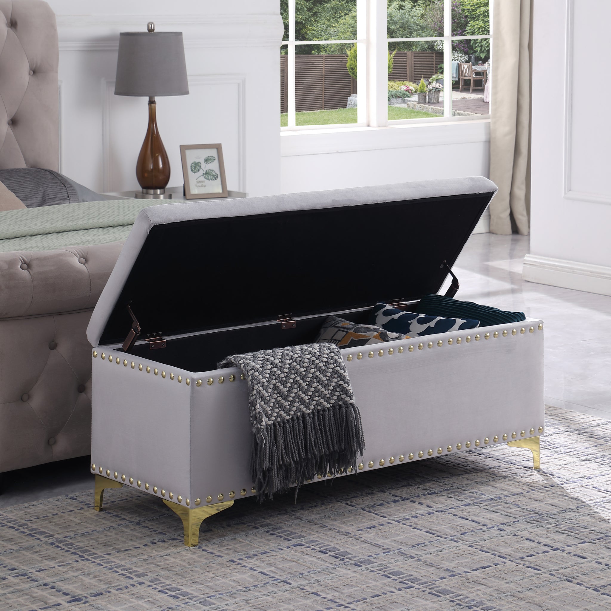 Large Storage Benches Set, Nailhead Trim 2 in 1 light gray-fabric