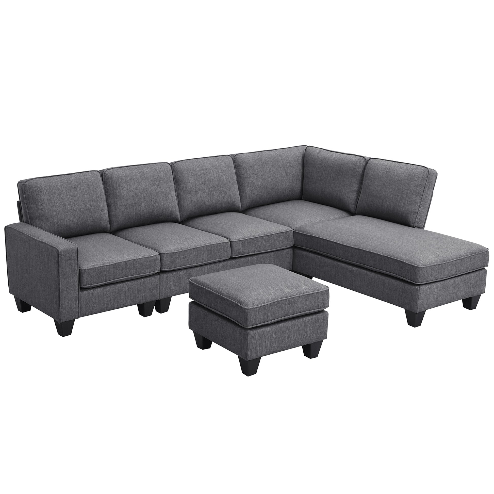 104.3*78.7" Modern L Shaped Sectional Sofa,7 Seat Linen Fabric Couch Set With Chaise Lounge And Convertible Ottoman For Living Room,Apartment,Office,3 Colors Dark Grey Fabric