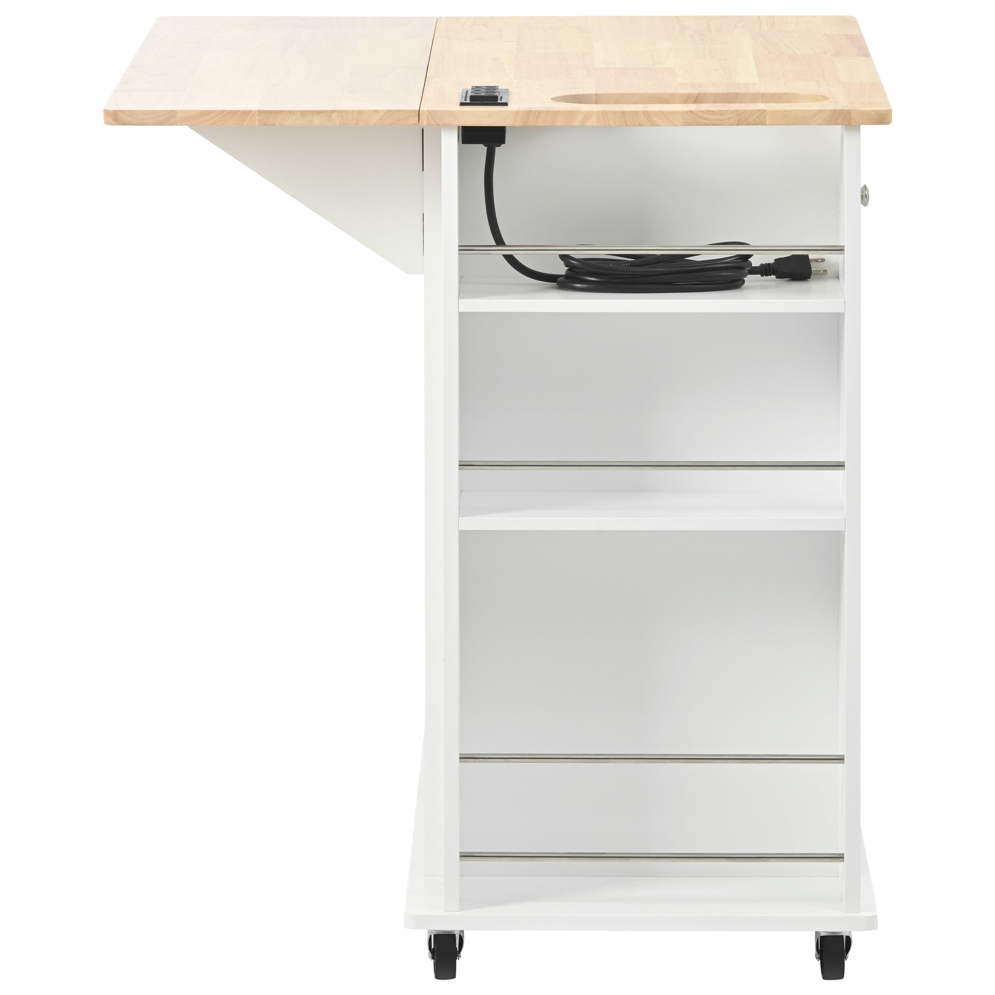 Kitchen Island With Power Outlet,Kitchen Storage Island With Drop Leaf And Rubber Wood,Open Storage And Wine Rack,5 Wheels,With Adjustable Storage For Home, Kitchen, And Dining Room,White White Mdf