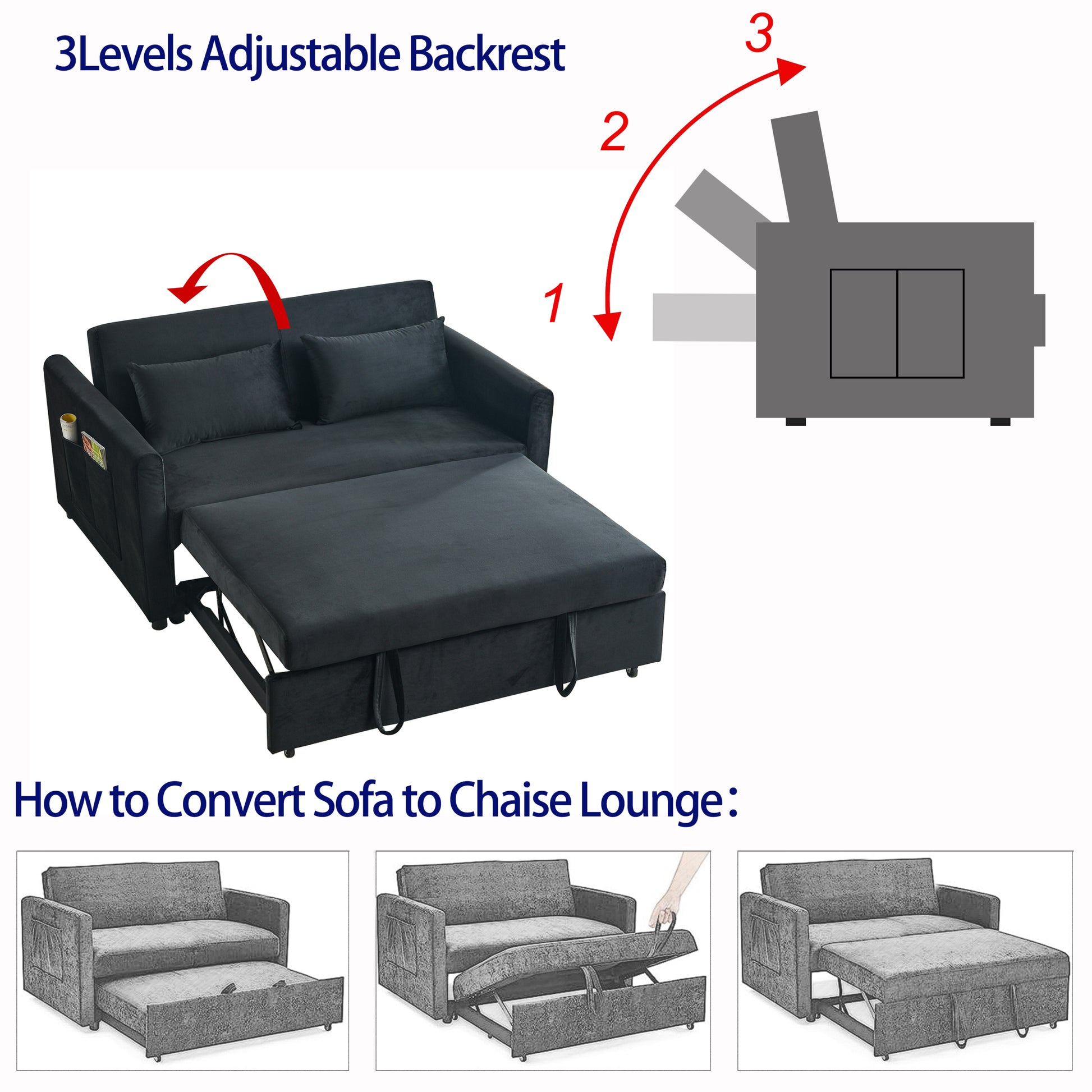 Convertible Sofa Bed, 3 In 1 Versatile Velvet Double Sofa With Pullout Bed, Seat With Adjustable Backrest, Lumbar Pillows, And Living Room Side Pockets, 54 Inch, Black Black Brown Velvet Wood Primary Living Space Soft Pillow Back Delicate Duty American