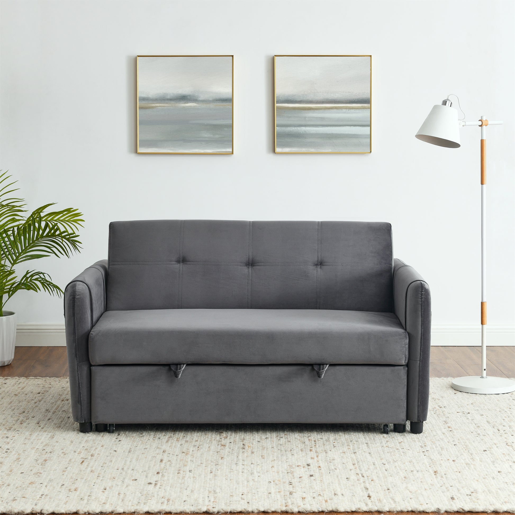 Convertible Sofa Bed, 3 In 1 Versatile Velvet Double Sofa With Pullout Bed, Seat With Adjustable Backrest, Lumbar Pillows, And Living Room Side Pockets, 54 Inch, Grey Brown Wood Primary Living Space Delicate Duty Eucalyptus 2 Seat Grey Velvet Soft Pillow