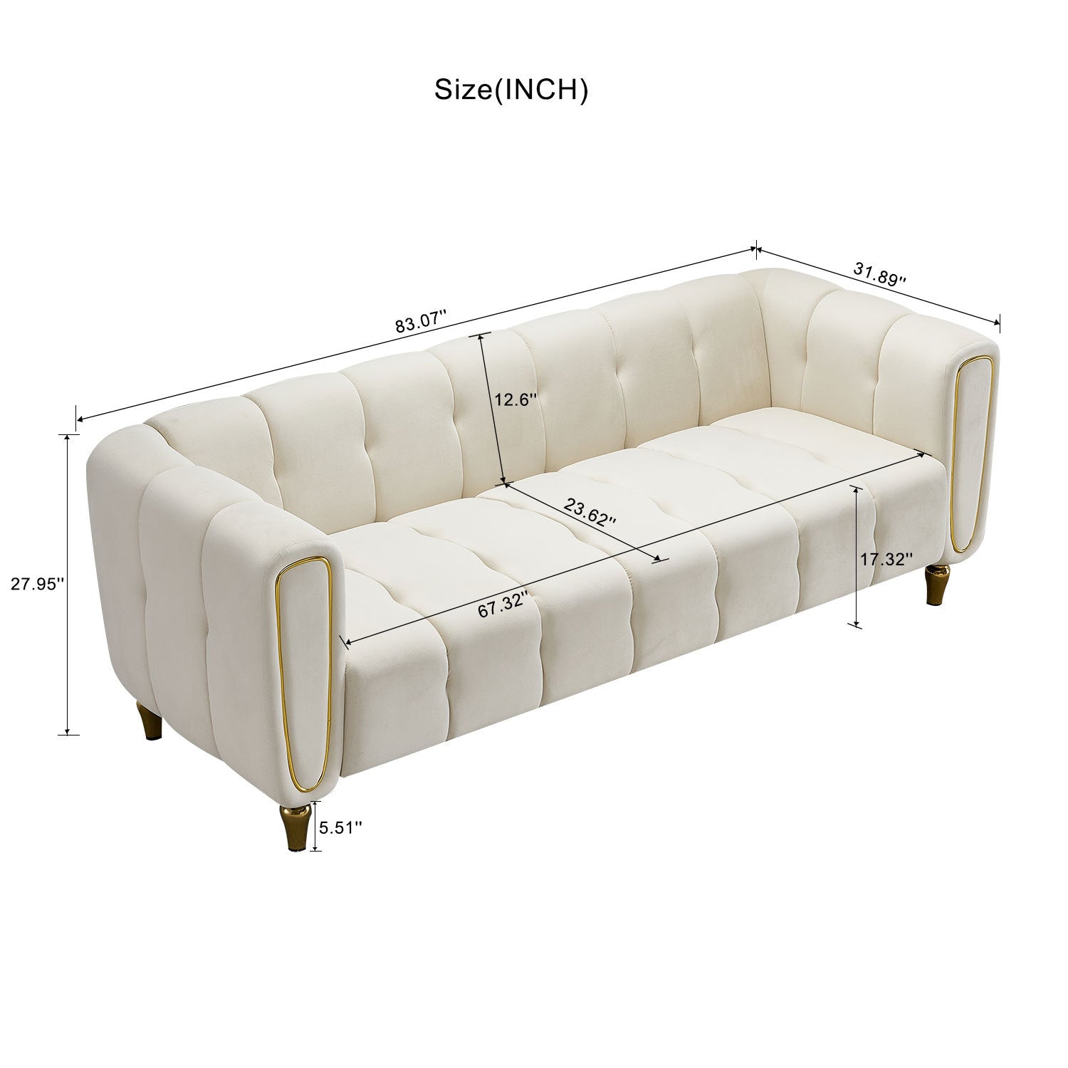 Modern Velvet Sofa 83.07 Inch For Living Room Beige Color Beige Velvet Wood Primary Living Space Tufted Back Modern Rolled Arms Foam Velvet 1 Seat