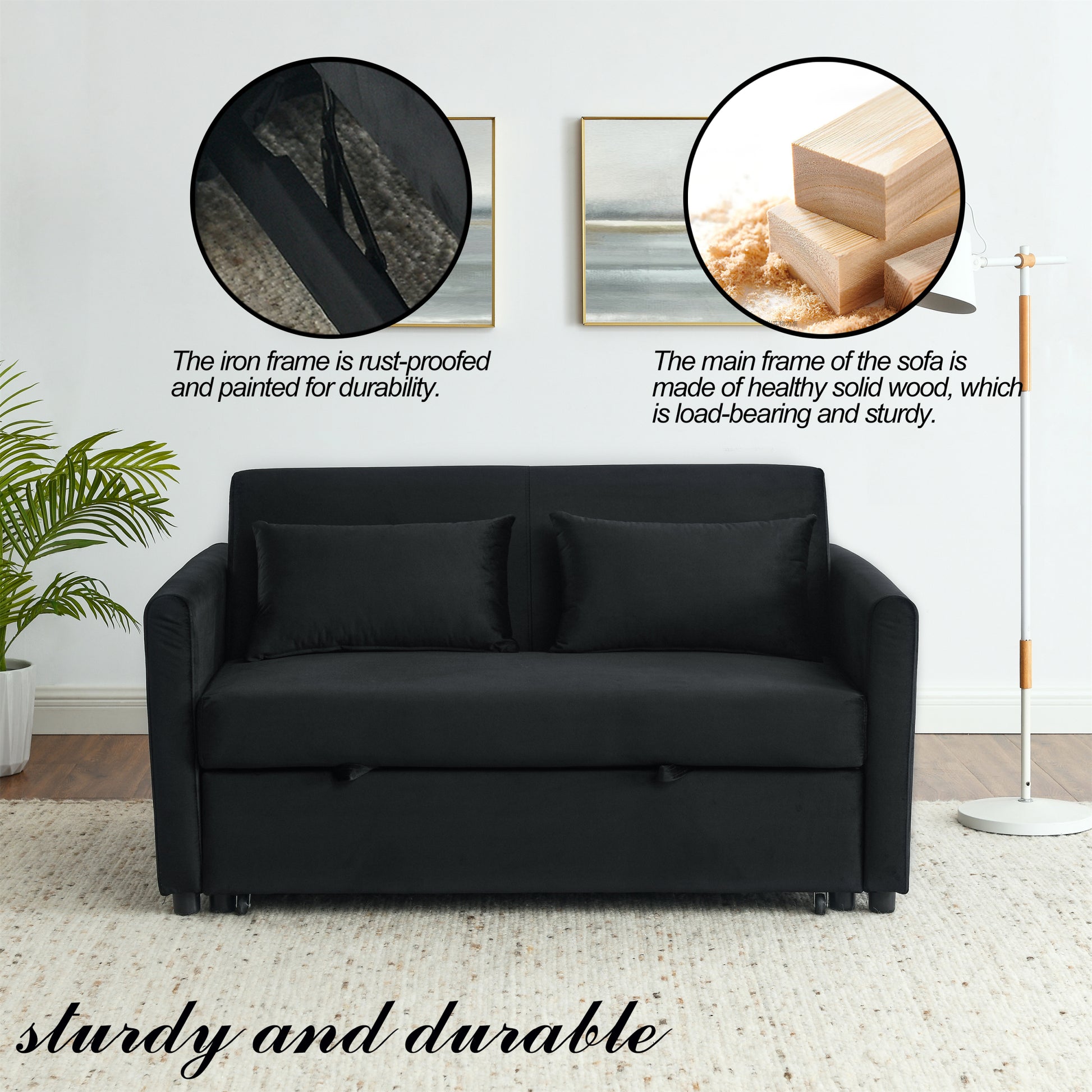 Convertible Sofa Bed, 3 In 1 Versatile Velvet Double Sofa With Pullout Bed, Seat With Adjustable Backrest, Lumbar Pillows, And Living Room Side Pockets, 54 Inch, Black Black Brown Velvet Wood Primary Living Space Soft Pillow Back Delicate Duty American