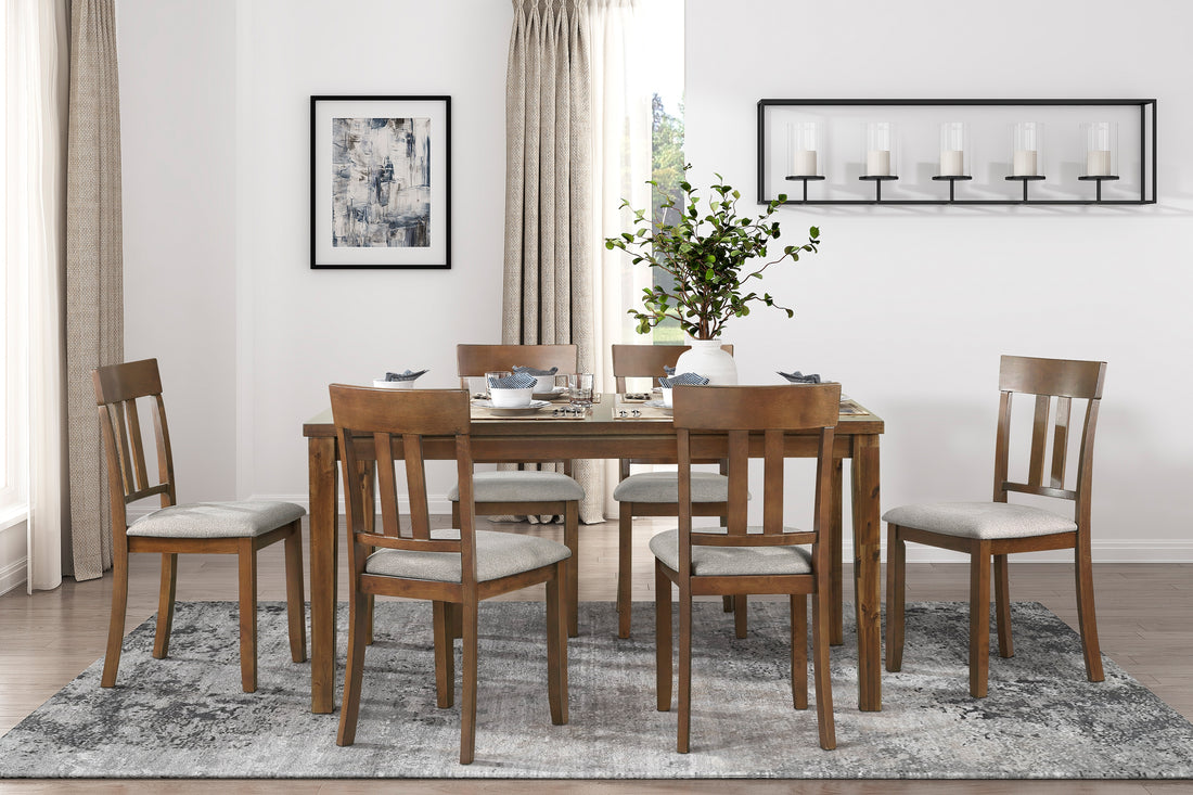 Transitional Styling 7 Piece Pack Dinette Set Cherry Finish Dining Table And 6X Side Chairs Textured Fabric Upholstered Seat Wooden Classic Look Furniture Cherry Wood