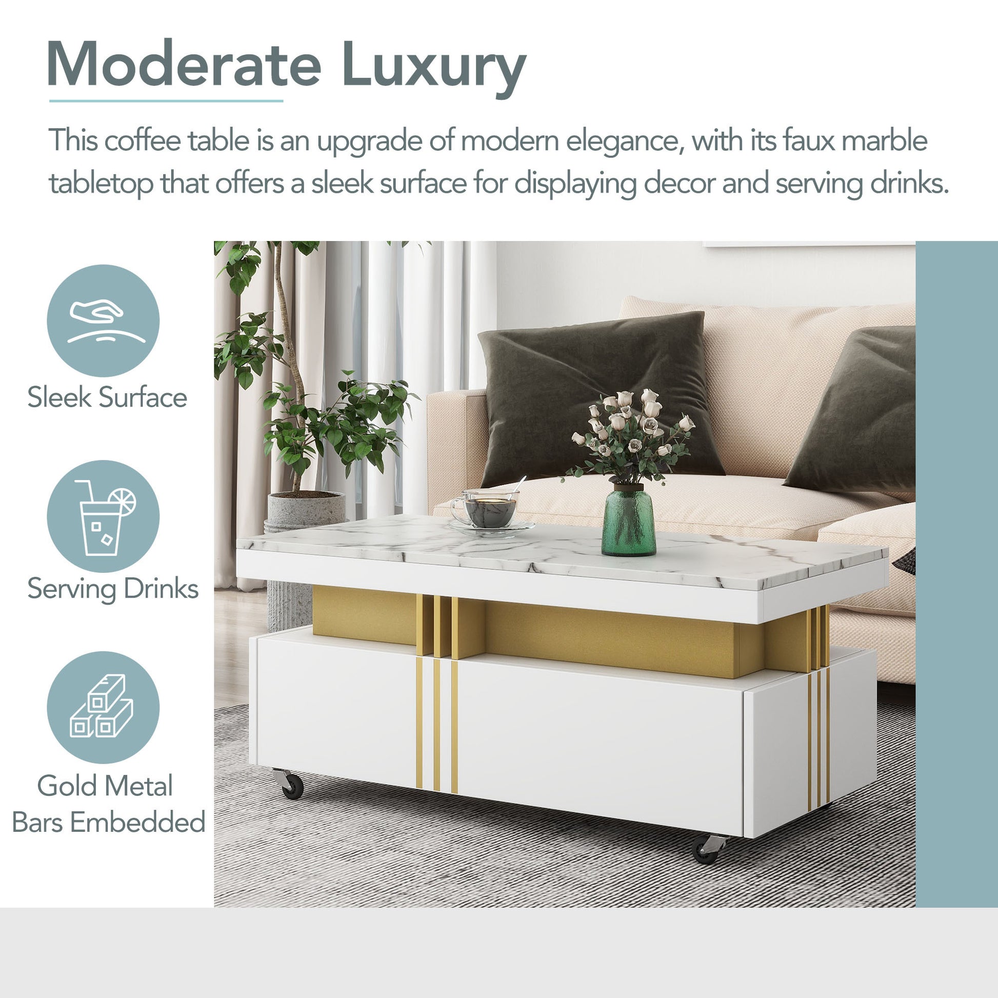 Contemporary Coffee Table With Faux Marble Top, Rectangle Cocktail Table With Caster Wheels, Moderate Luxury Center Table With Gold Metal Bars For Living Room, White White Casters Or Wheels Primary Living Space Freestanding Rectangular Drawers Coffee &