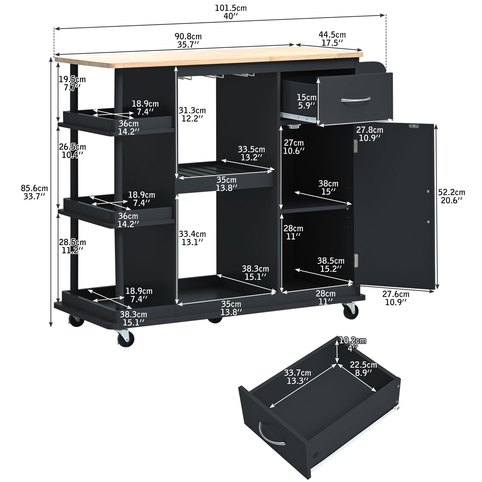 Multipurpose Kitchen Cart Cabinet with Side Storage black-mdf