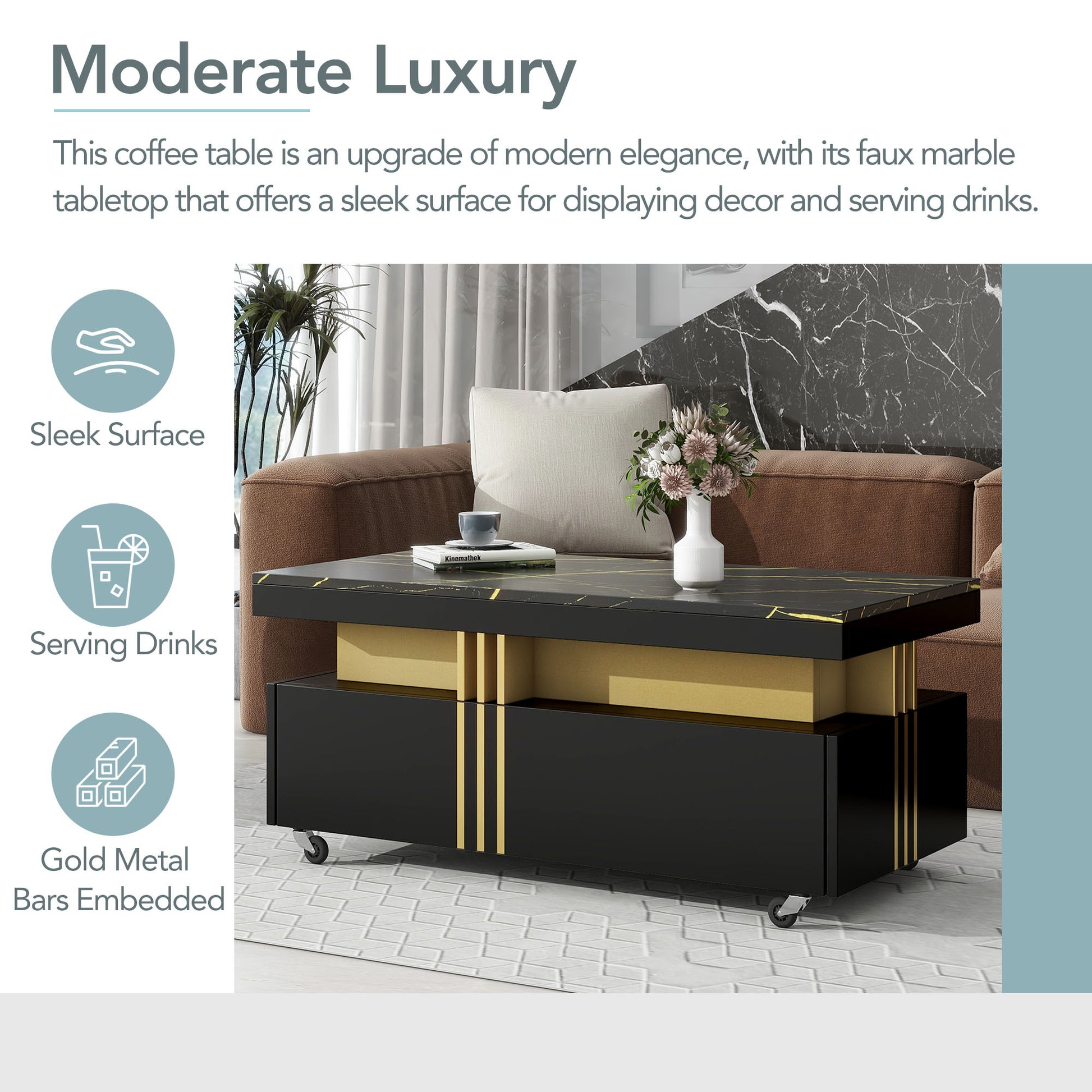 Contemporary Coffee Table With Faux Marble Top, Rectangle Cocktail Table With Caster Wheels, Moderate Luxury Center Table With Gold Metal Bars For Living Room, Black Black Casters Or Wheels Primary Living Space Freestanding Rectangular Drawers Coffee &