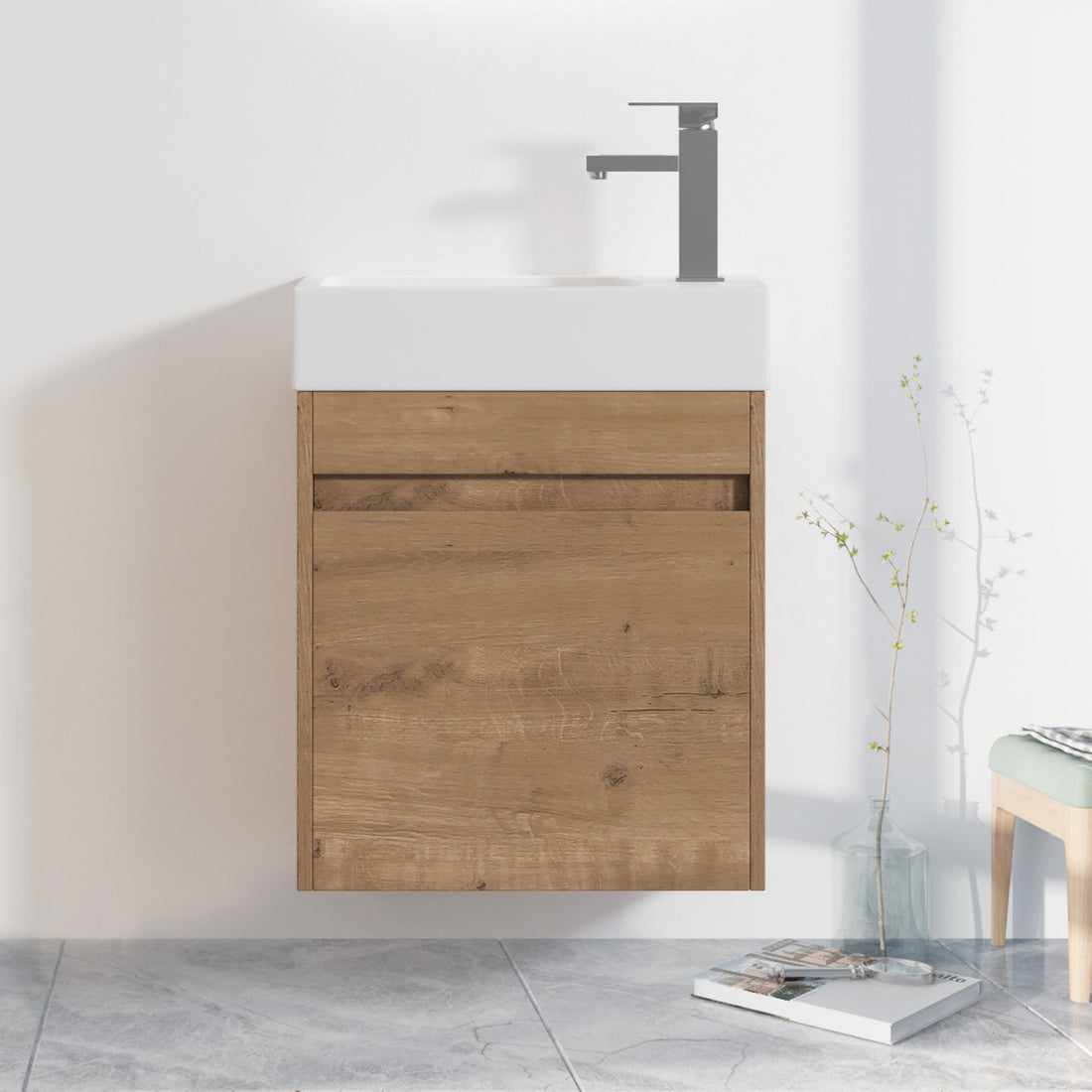 18'' Floating Wall Mounted Bathroom Vanity With White Resin Sink & Soft Close Cabinet Door Imitative Oak 1 1 Soft Close Doors Bathroom Wall Mounted Modern Plywood Plywood