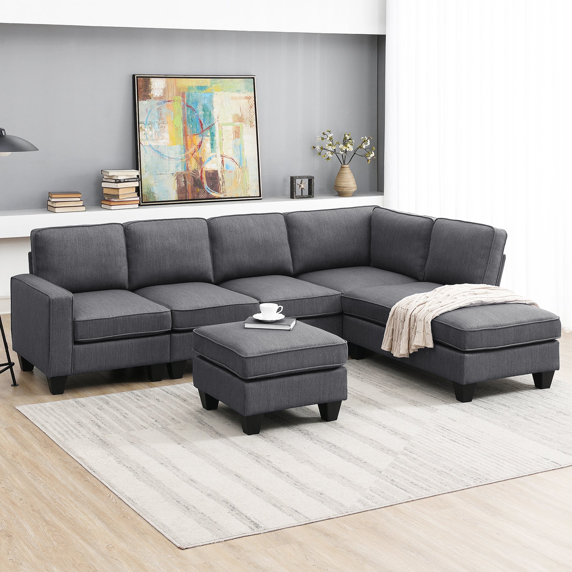 104.3*78.7" Modern L Shaped Sectional Sofa,7 Seat Linen Fabric Couch Set With Chaise Lounge And Convertible Ottoman For Living Room,Apartment,Office,3 Colors Dark Grey Fabric