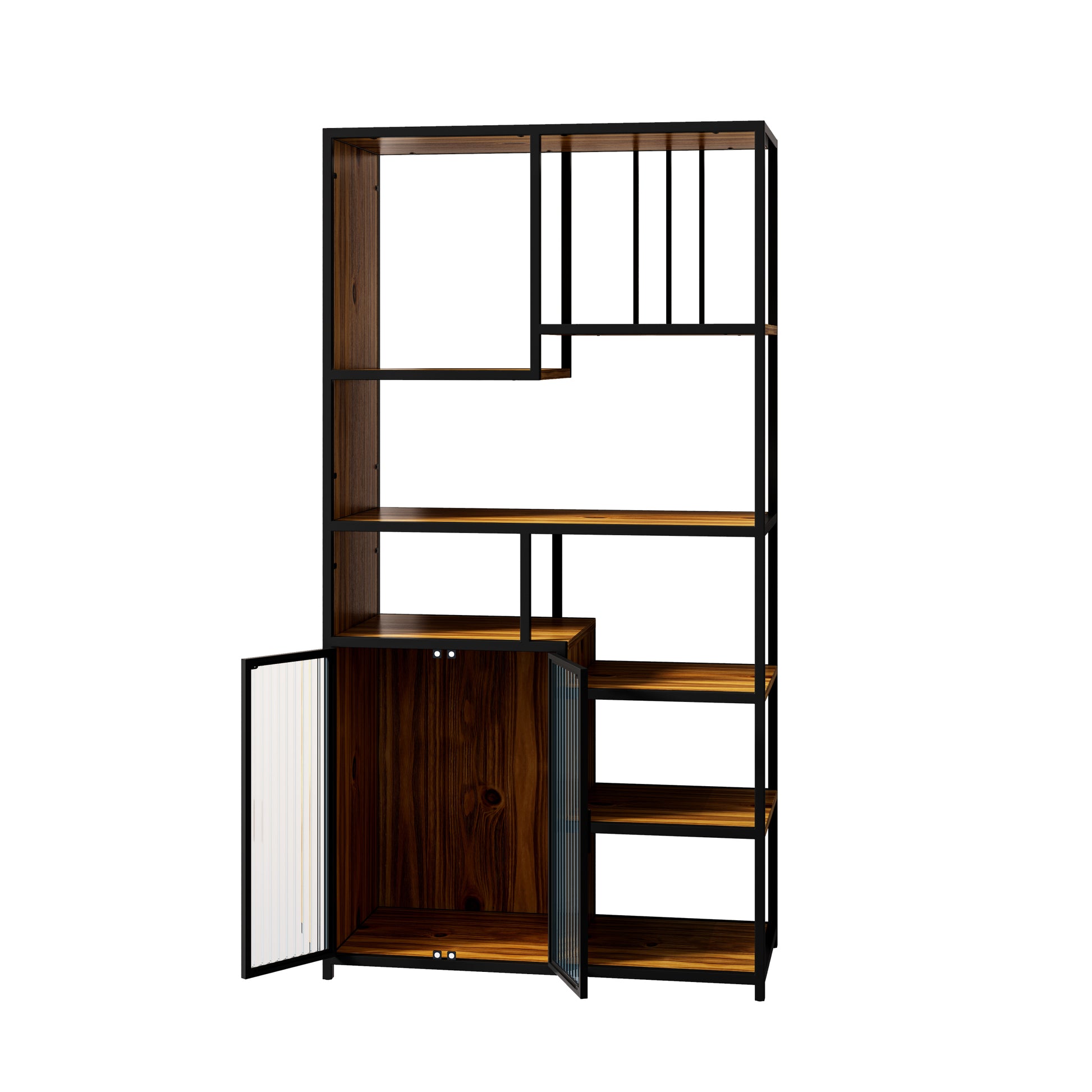 Multipurpose Bookshelf Storage Rack, With Enclosed Storage Cabinet,For Living Room,Home Office,Kitchen Combined Type Black Brown Metal & Wood