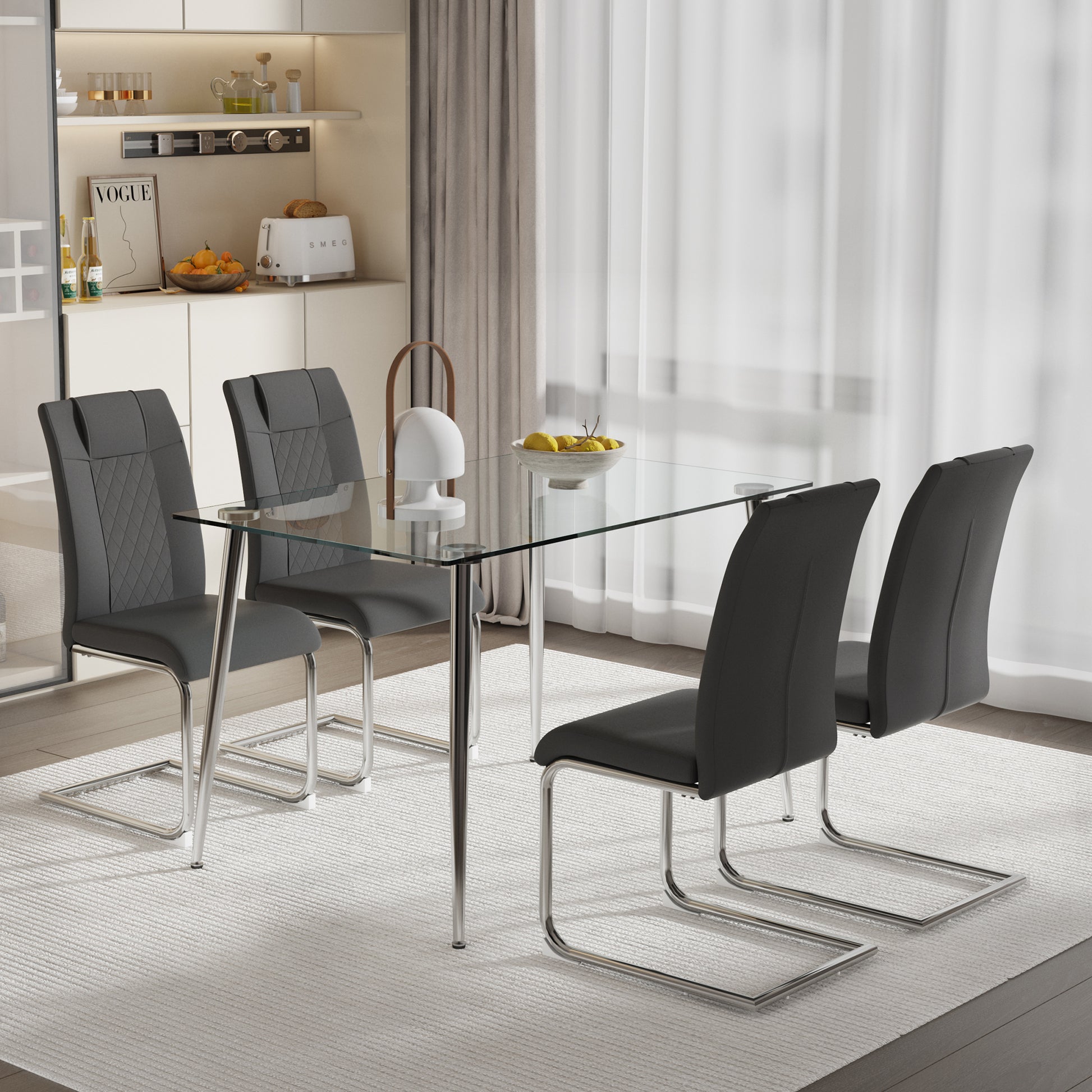 Glass Dining Table, Dining Chair Set, 4 Grey Dining Chairs, And 1 Dining Table. Table Size 51 "W X 31.5" D X 30 "H Grey Foam Pu