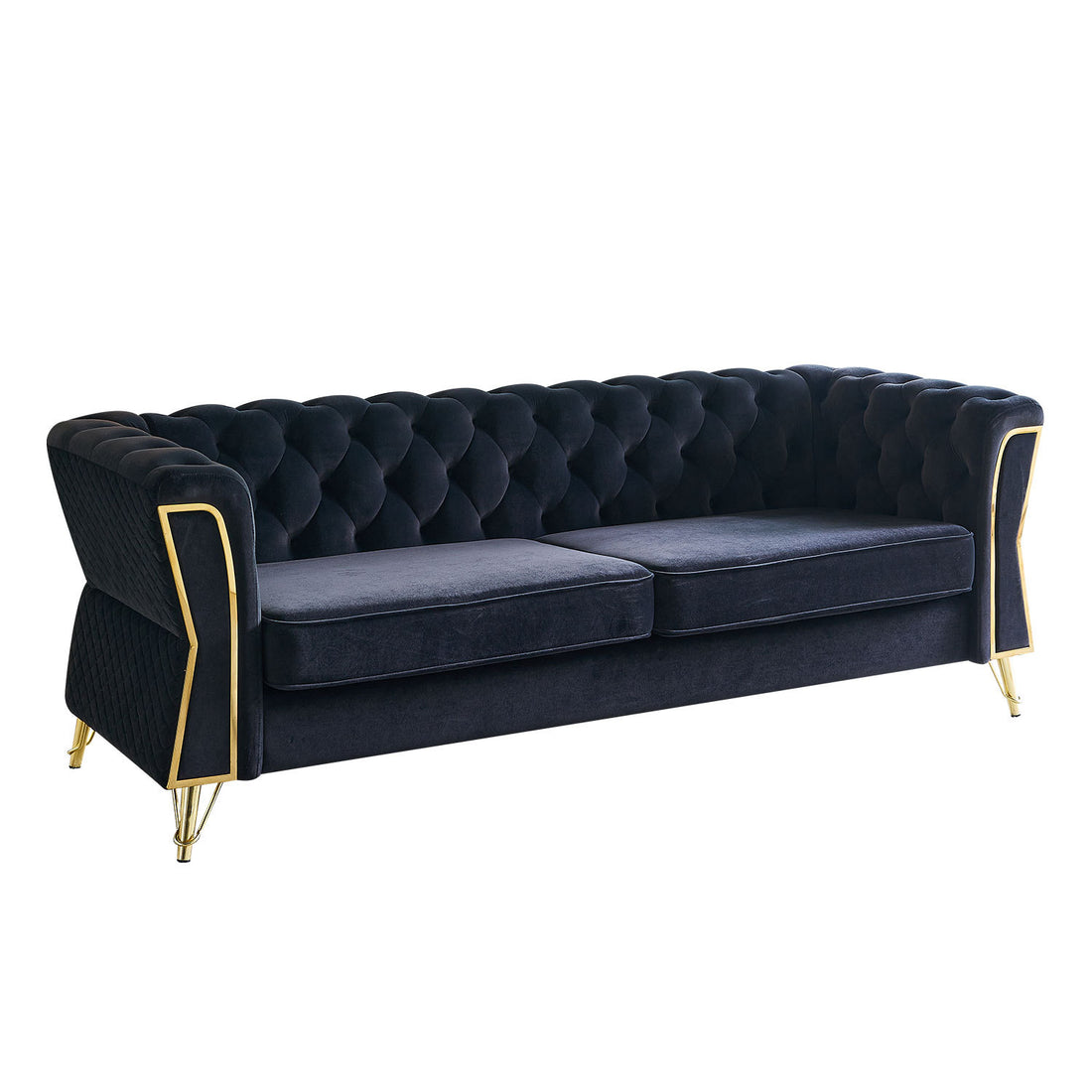 Modern Tufted Velvet Sofa 87.4 Inch For Living Room Black Color Black Velvet Wood Primary Living Space Tufted Back Modern Flared Arms Foam Velvet 2 Seat