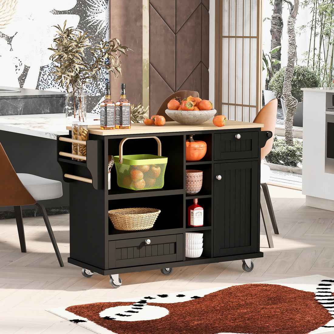 Kitchen Island Cart with Storage Cabinet and Two black-mdf