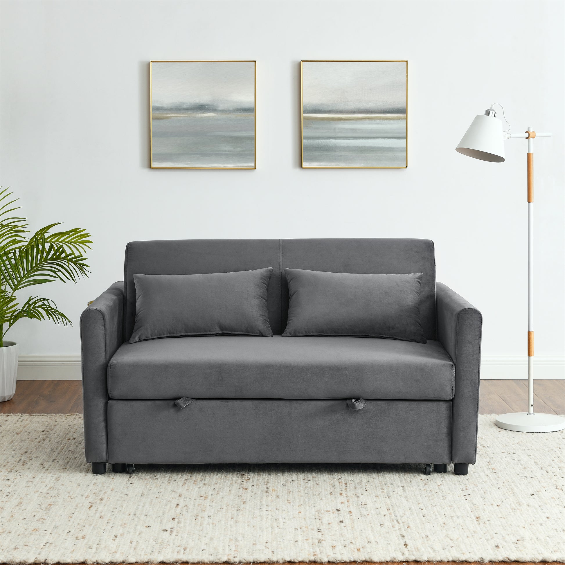 Convertible Sofa Bed, 3 In 1 Versatile Velvet Double Sofa With Pullout Bed, Seat With Adjustable Backrest, Lumbar Pillows, And Living Room Side Pockets, 54 Inch, Grey Light Brown Wood Primary Living Space Delicate Duty Eucalyptus 2 Seat Grey Velvet Soft