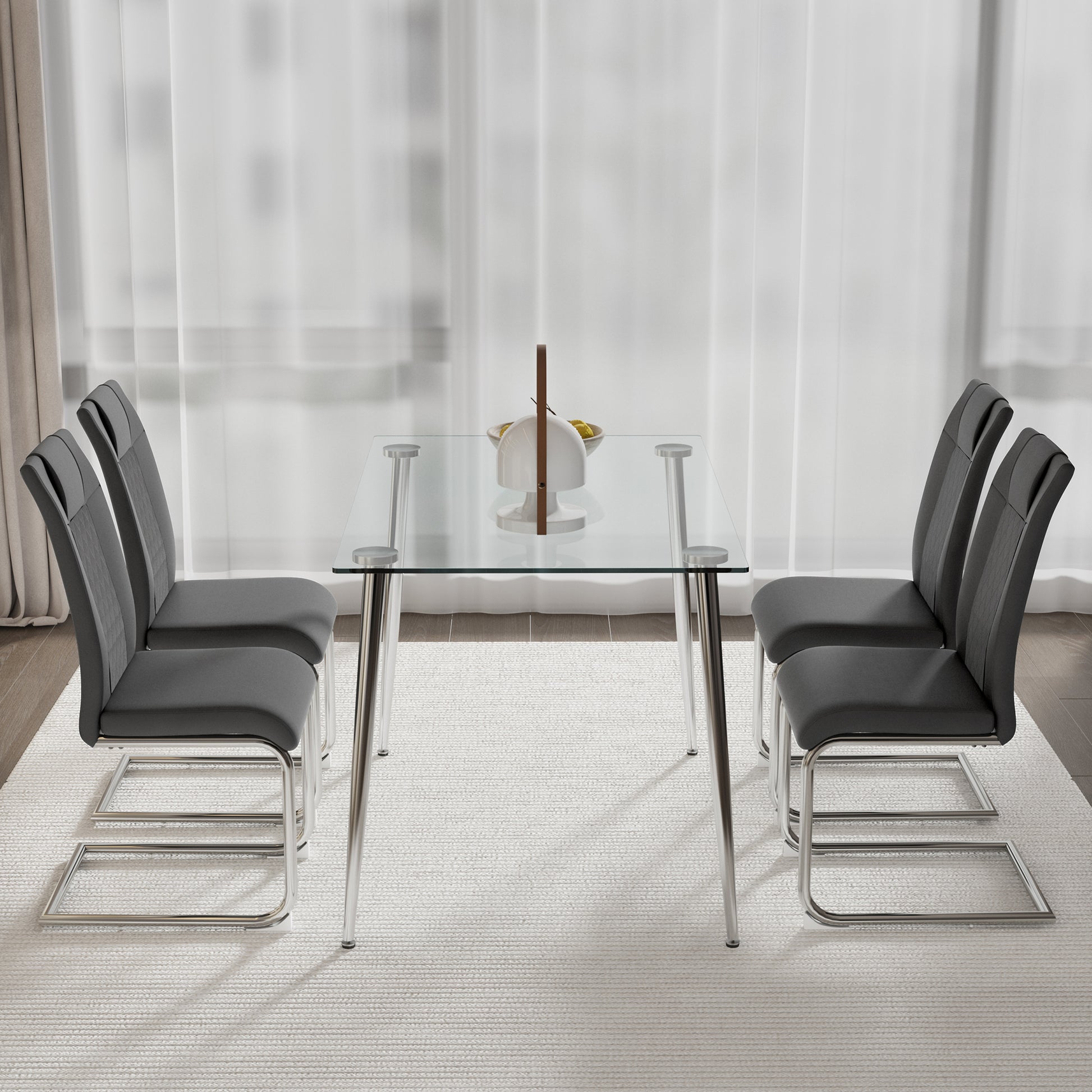 Glass Dining Table, Dining Chair Set, 4 Grey Dining Chairs, And 1 Dining Table. Table Size 51 "W X 31.5" D X 30 "H Grey Foam Pu