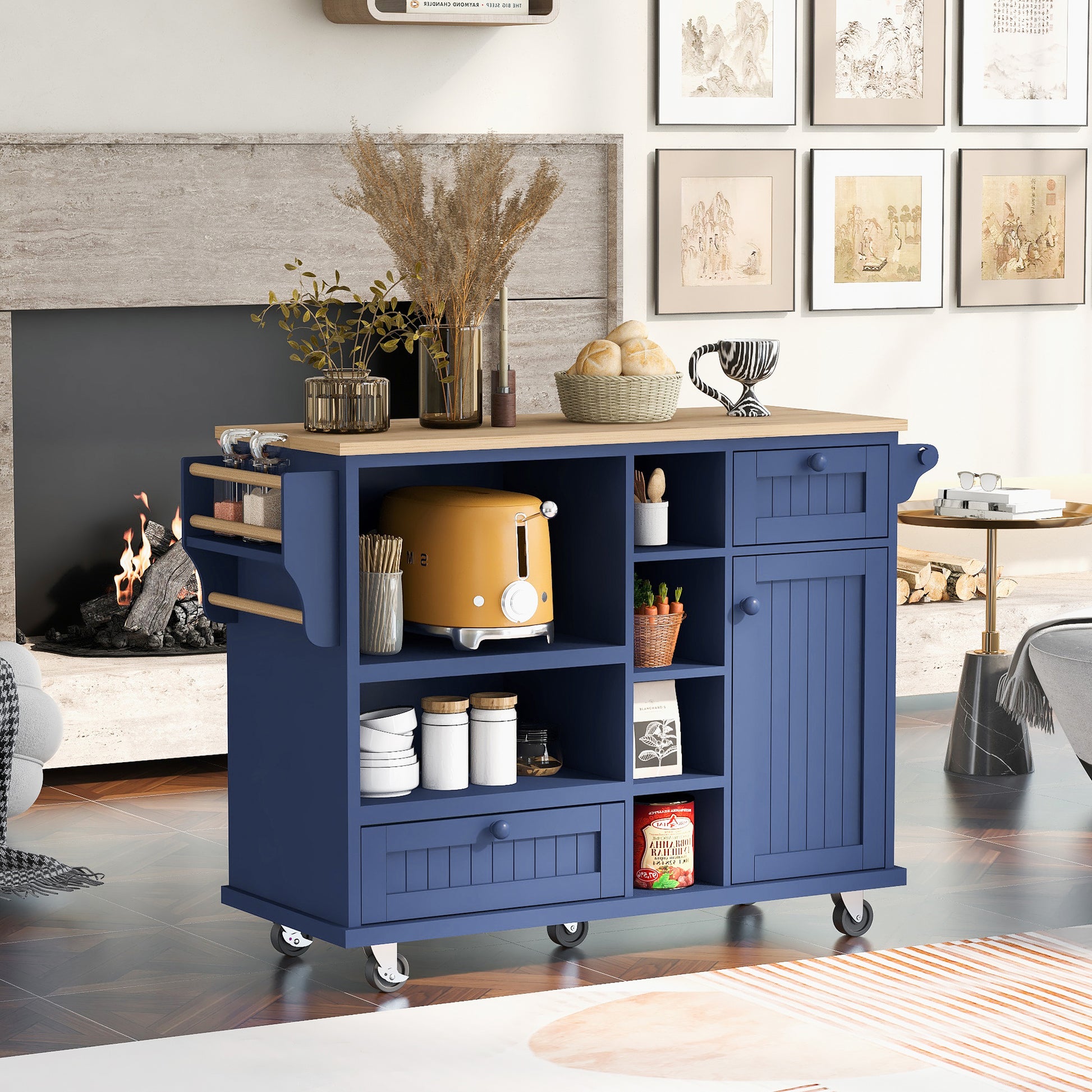 Kitchen Island Cart with Storage Cabinet and Two dark blue-mdf