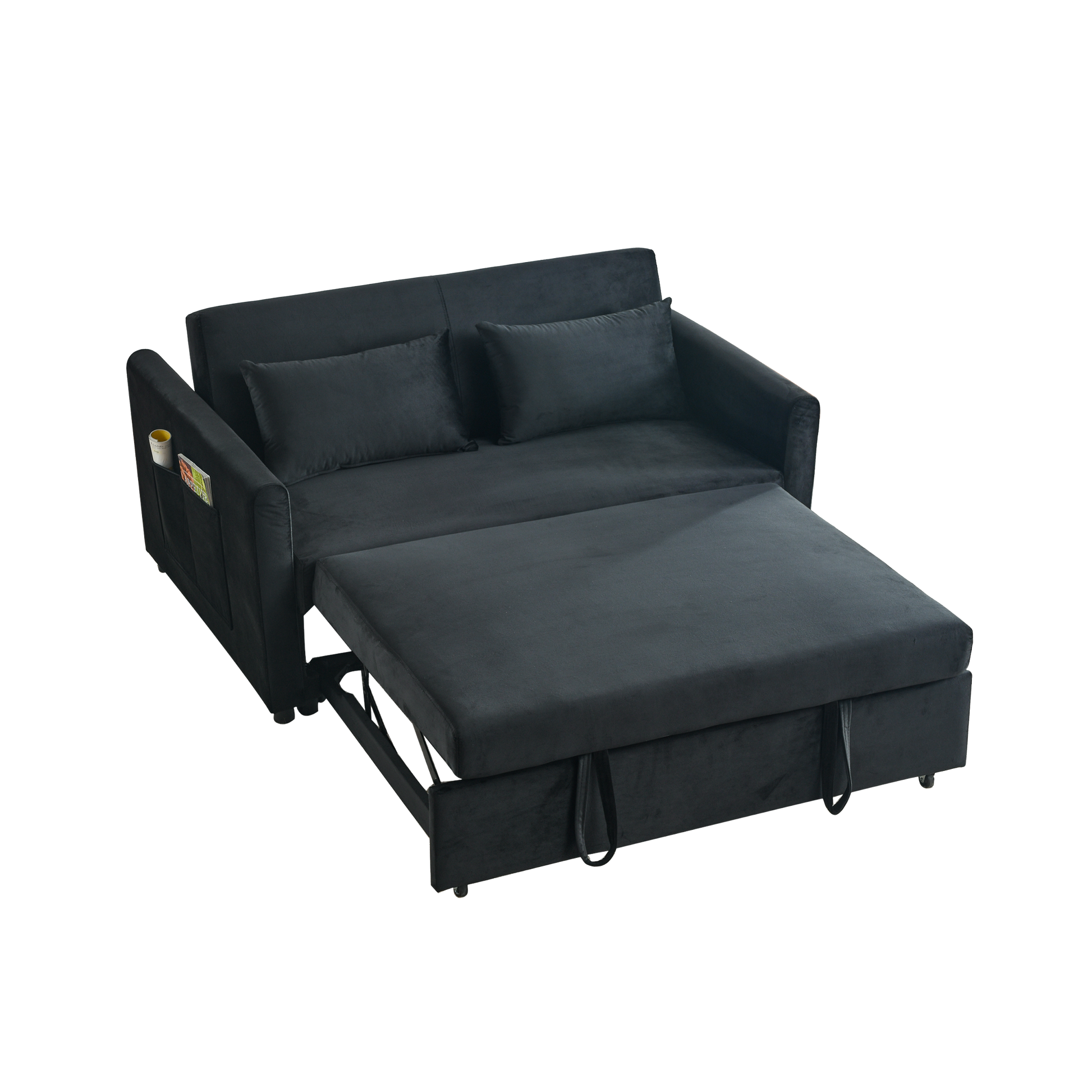 Convertible Sofa Bed, 3 In 1 Versatile Velvet Double Sofa With Pullout Bed, Seat With Adjustable Backrest, Lumbar Pillows, And Living Room Side Pockets, 54 Inch, Black Black Brown Velvet Wood Primary Living Space Soft Pillow Back Delicate Duty American