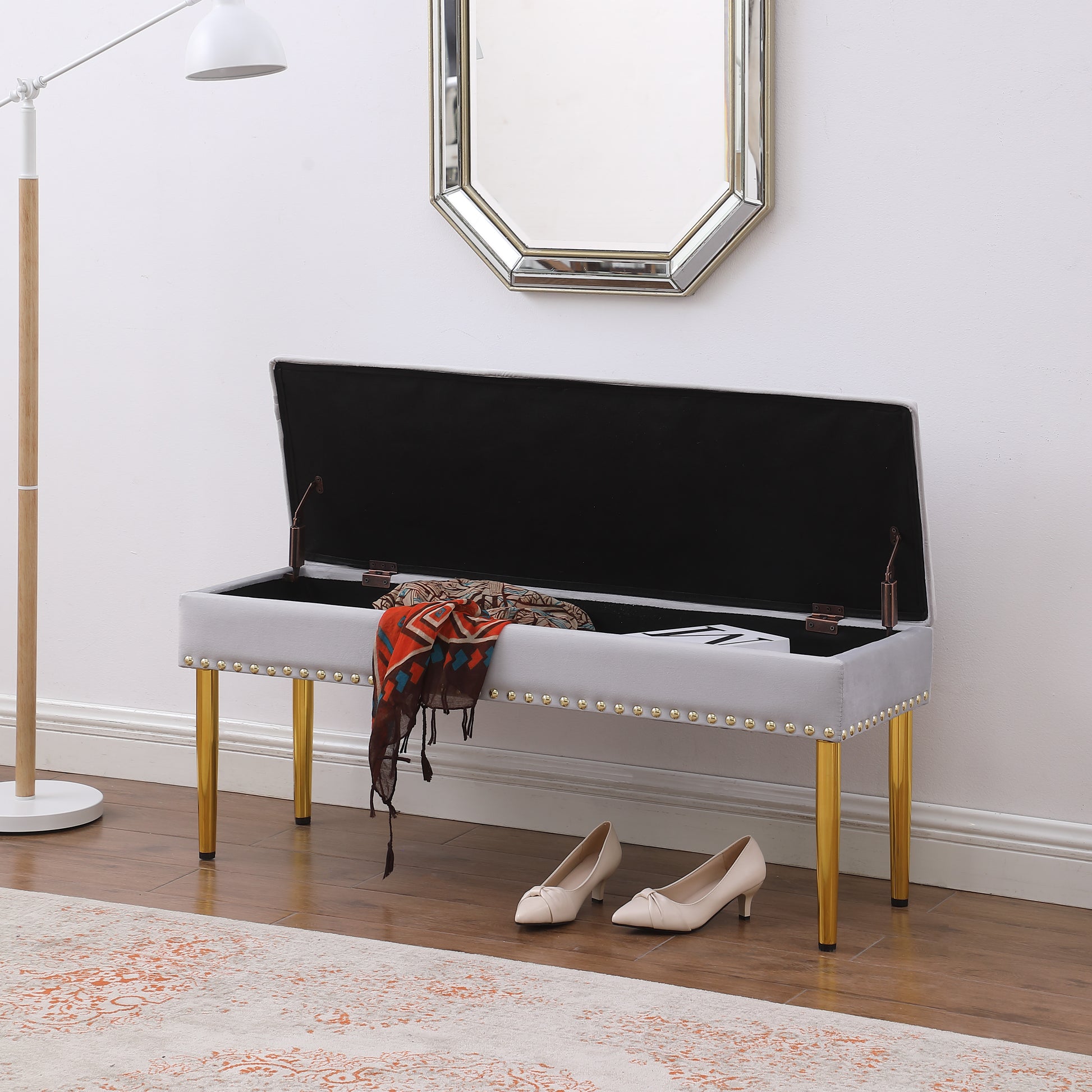 Large Storage Benches Set, Trim 2 In 1 Combination Benches, Tufted Velvet Benches With Gold Leg For Living Room, Entryway, Hallway, Bedroom Support 250Lbs Light Gray Fabric