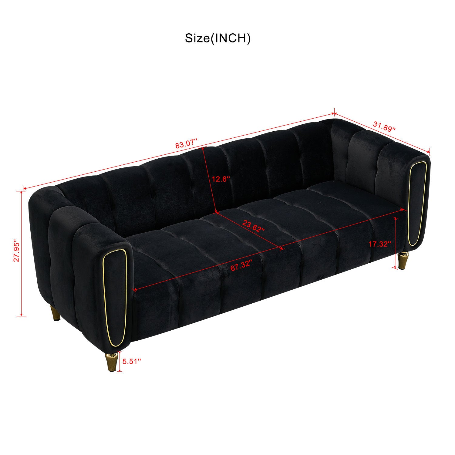 Modern Velvet Sofa 83.07 Inch For Living Room Black Color Black Velvet Wood Primary Living Space Tufted Back Modern Rolled Arms Foam Velvet 1 Seat