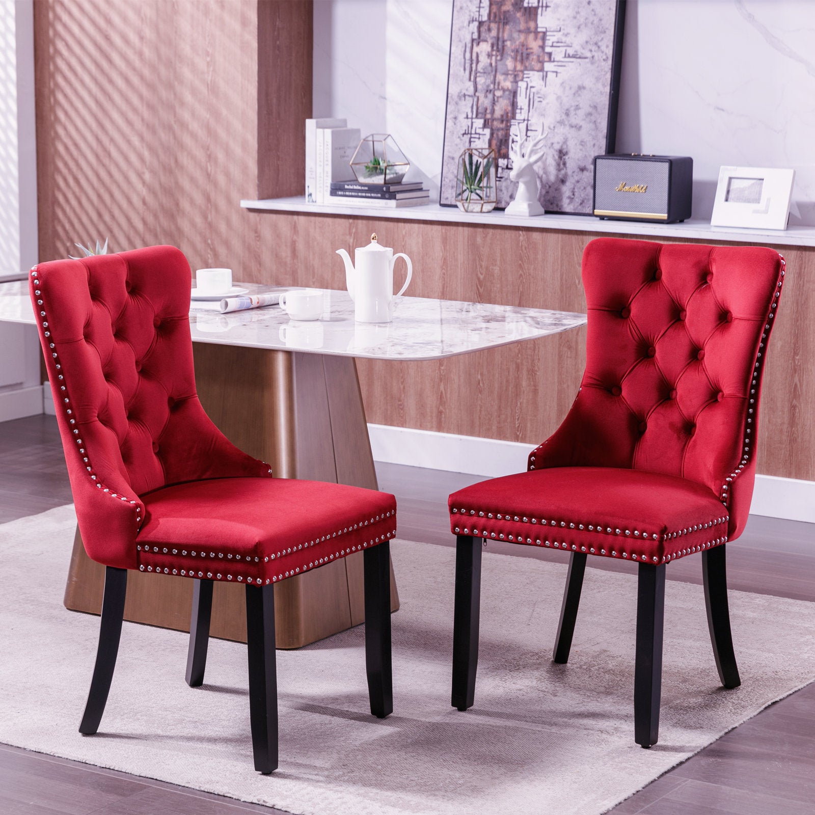 Classic Velvet Dining Chairs, High End Tufted Solid Wood Contemporary Velvet Upholstered Dining Chair With Wood Legs Nailhead, Set Of 2,Burdy, Wine Red,Sw2001Wr Burgundy Foam Velvet