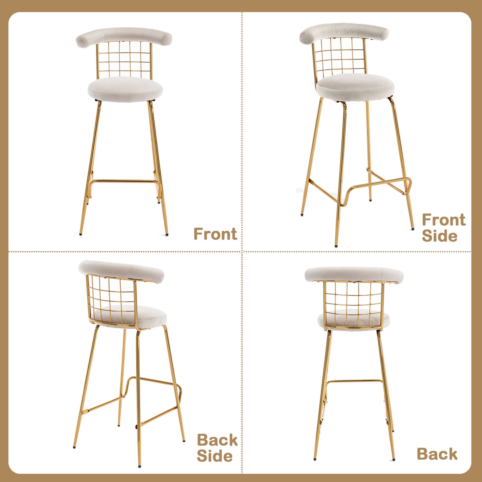 Bar Stool Set Of 2, Luxury Velvet High Bar Stool With Metal Legs And Soft Back, Pub Stool Chairs Armless Modern Kitchen High Dining Chairs With Metal Legs, Beige Beige Velvet