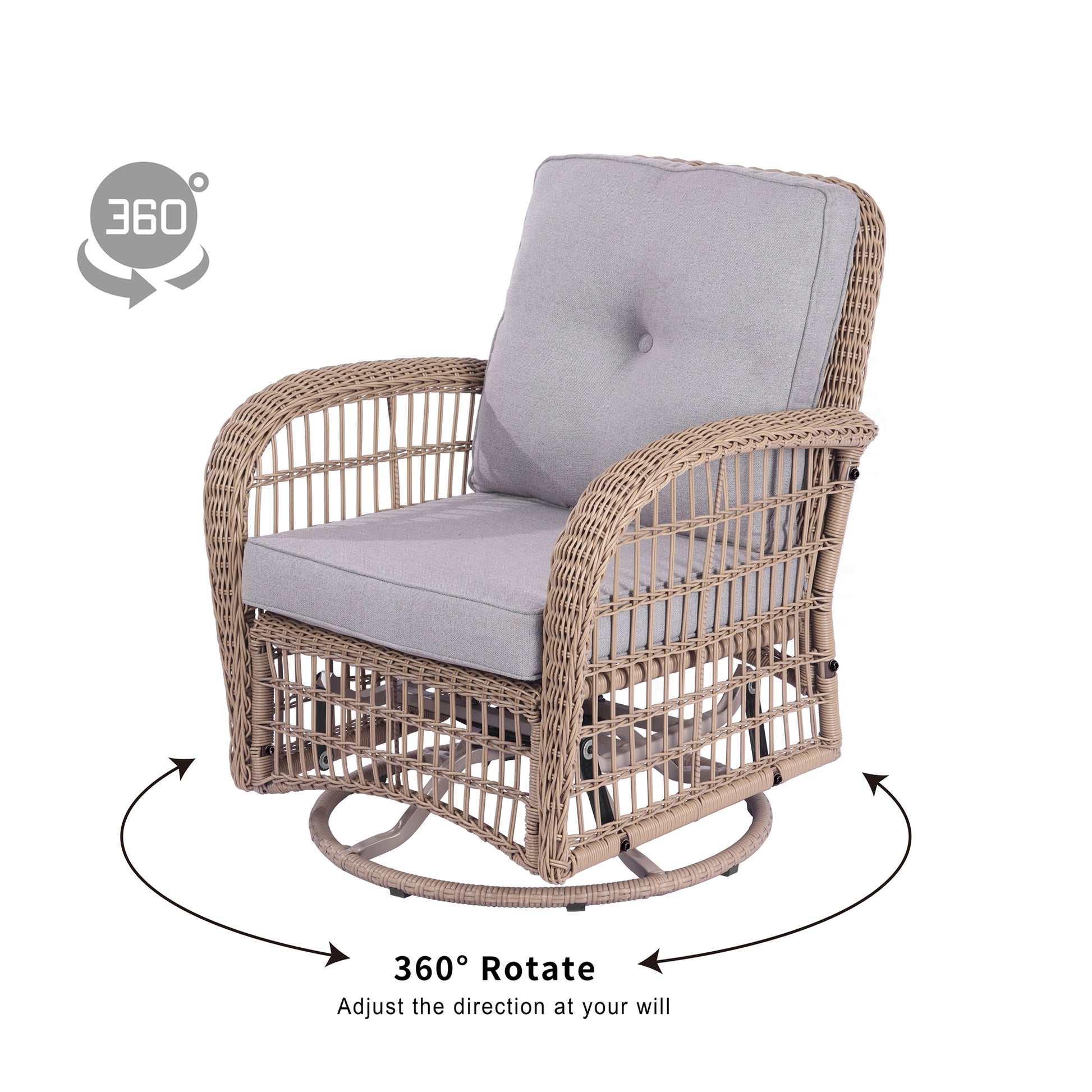 3 Pieces Outdoor Wicker Swive Rocking Chair Set, Patio Bistro Sets With 2 Rattan Rocker Chairs And Glass Coffee Table For Backyard Natural Wicker