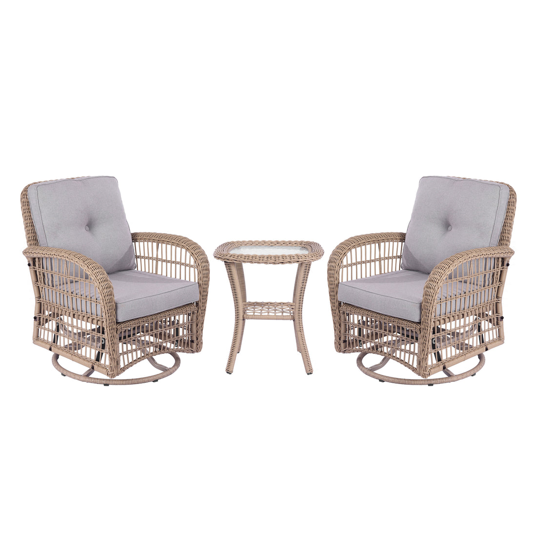 3 Pieces Outdoor Wicker Swive Rocking Chair Set, Patio Bistro Sets With 2 Rattan Rocker Chairs And Glass Coffee Table For Backyard Natural Wicker