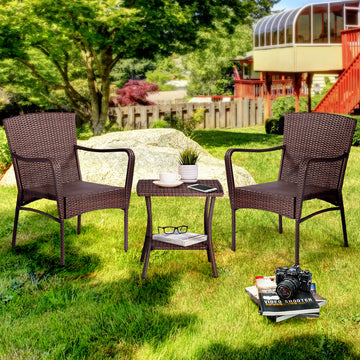 3 Pieces Outdoor Seating Group Furniture, Pe Rattan Patio Furniture, Wicker Patio Chairs Set, Patio Bistro Sets, Outdoor Conversation Sets Brown Dark Brown Wicker