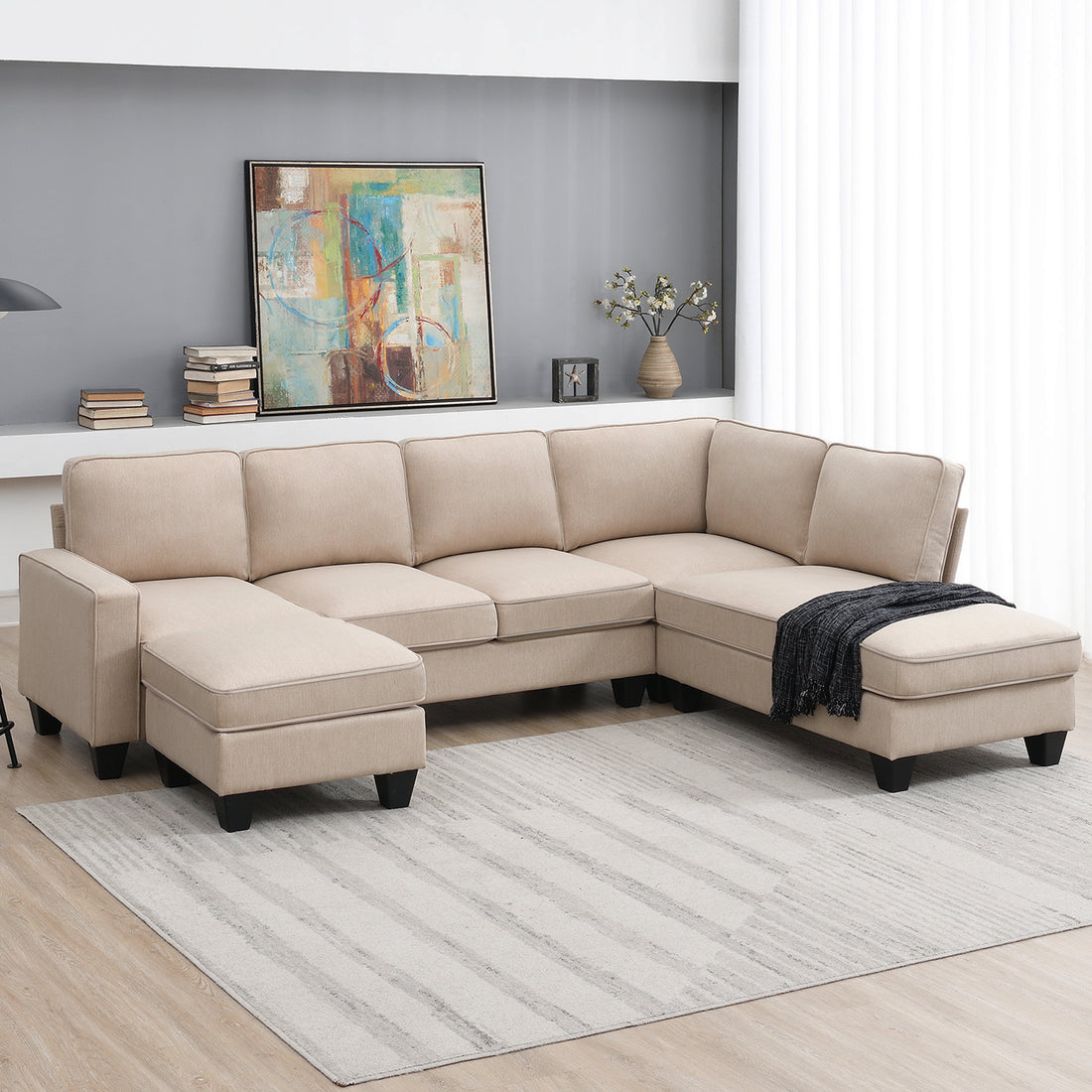 104.3*78.7" Modern L Shaped Sectional Sofa,7 Seat Linen Fabric Couch Set With Chaise Lounge And Convertible Ottoman For Living Room,Apartment,Office,3 Colors Khaki Fabric