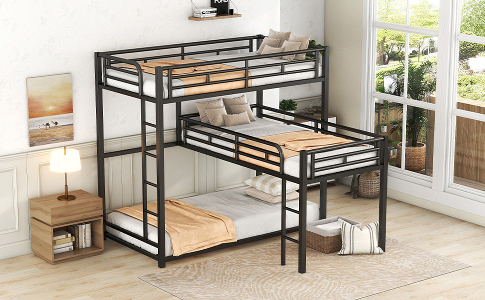 L Shaped Metal Triple Twin Size Bunk Bed, Black Old Sku:Sm000605Aab Box Spring Not Required Twin Black Metal Bedroom Bunk Metal