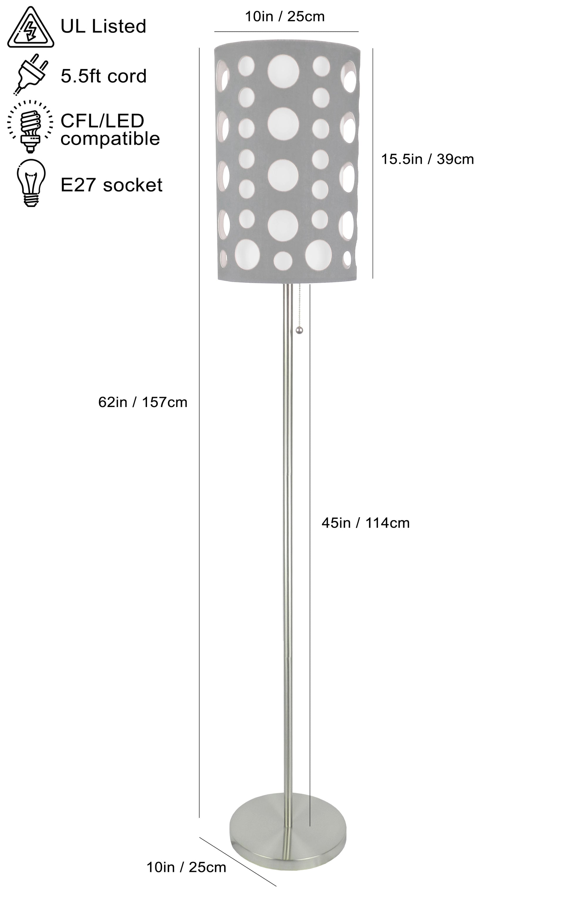 62"H Grey White Retro Floor Lamp Grey Metal