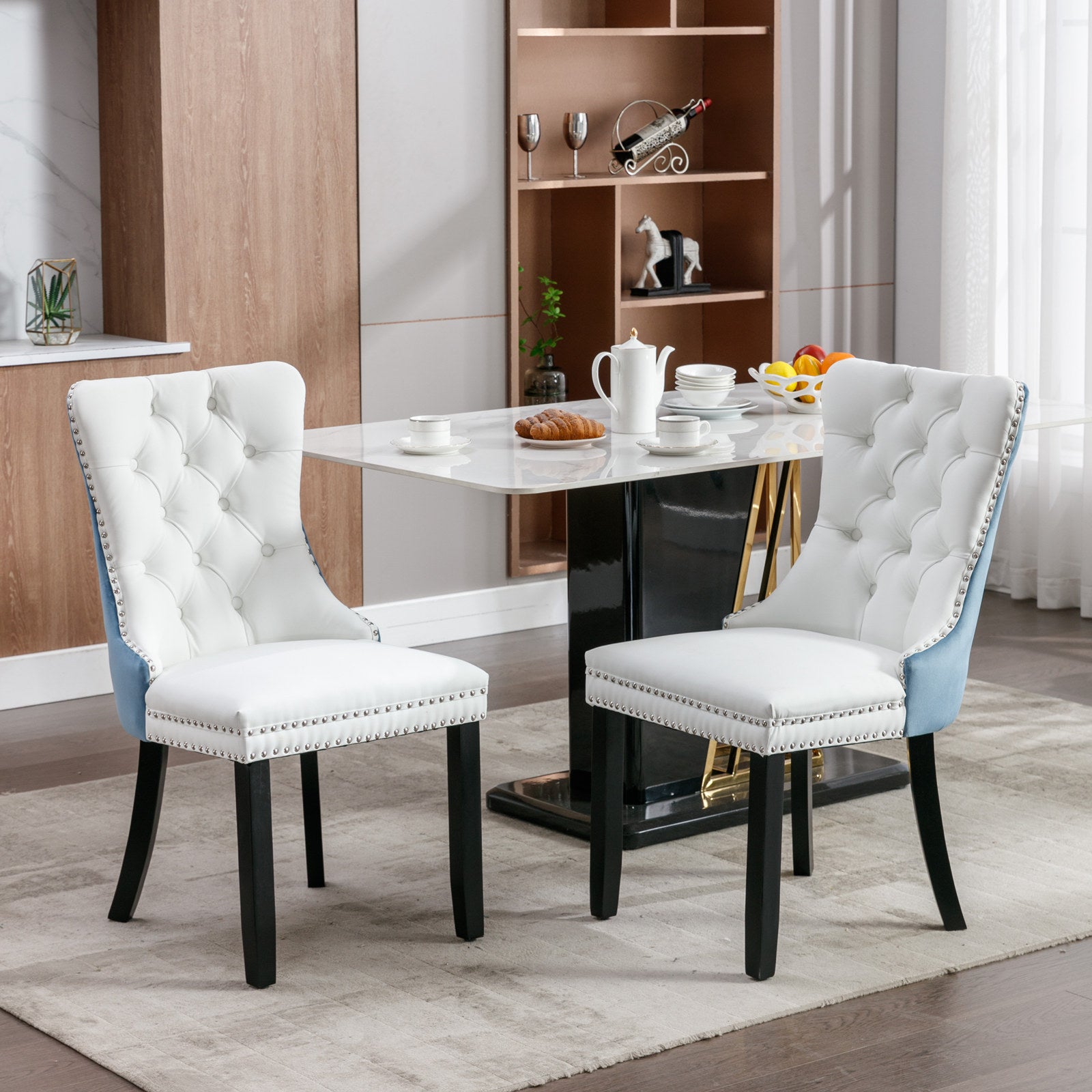 Nikki Collection Modern, High End Tufted Solid Wood Contemporary Pu And Velvet Upholstered Dining Chair With Wood Legs Trim 2 Pcs Set, White Light Blue, Sw2101Wl White Pu Dining Room American Design Rubberwood Foam Pu Leather