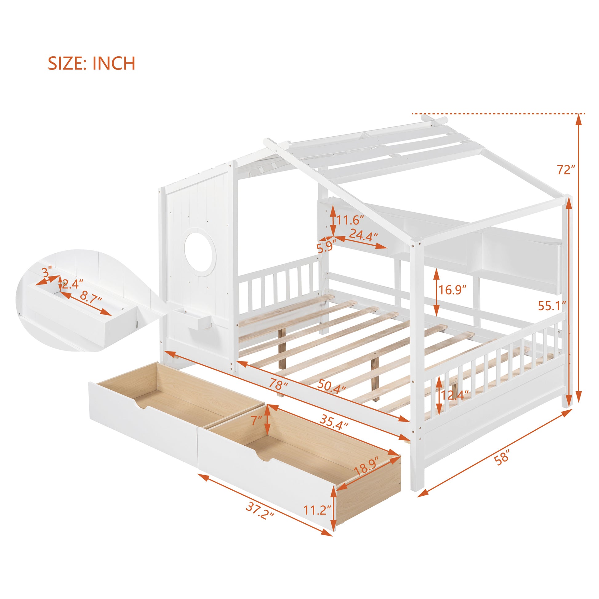 Wooden Full Size House Bed With 2 Drawers,Kids Bed With Storage Shelf, White Full White Solid Wood