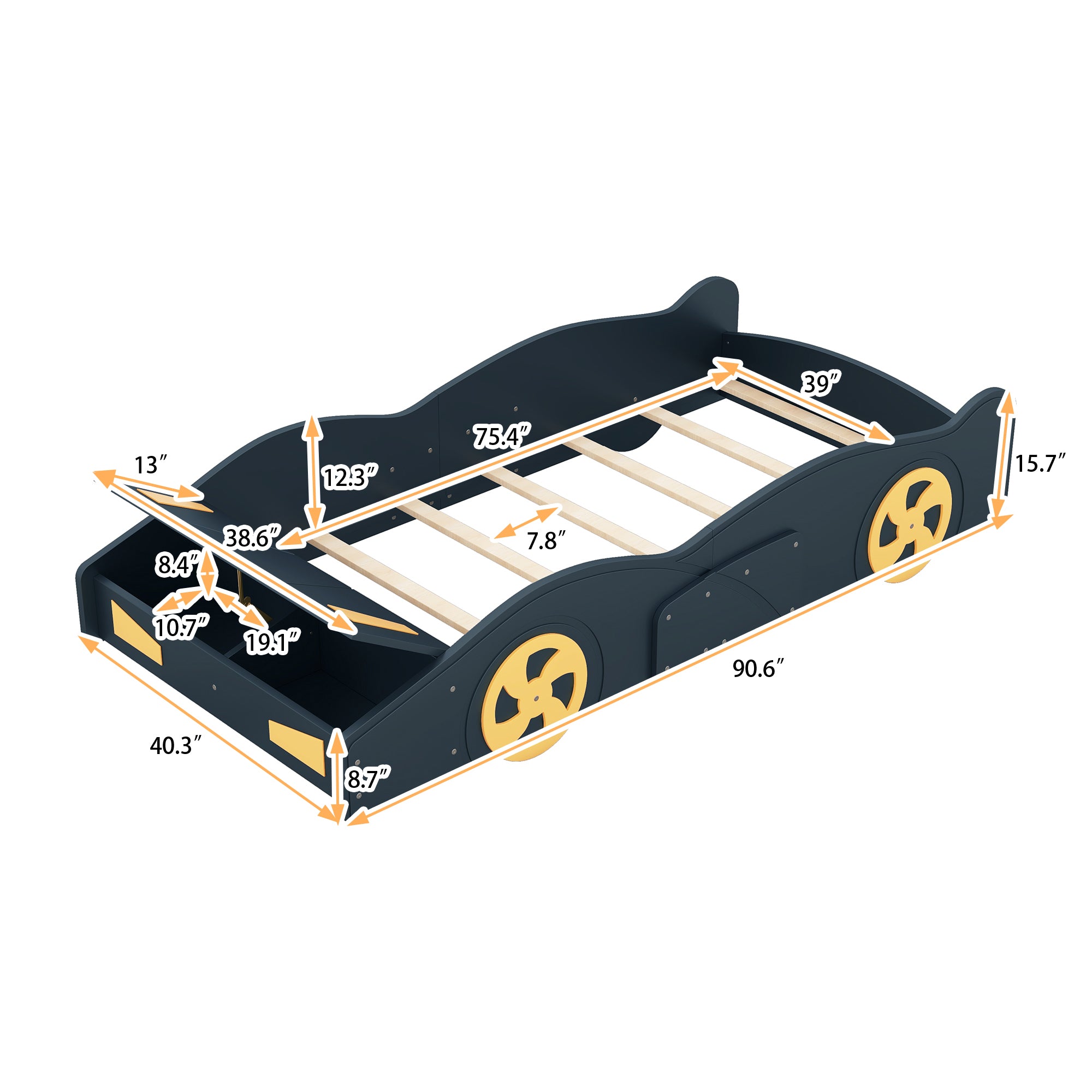 Twin Size Race Car Shaped Platform Bed with Wheels and box spring not required-twin-dark