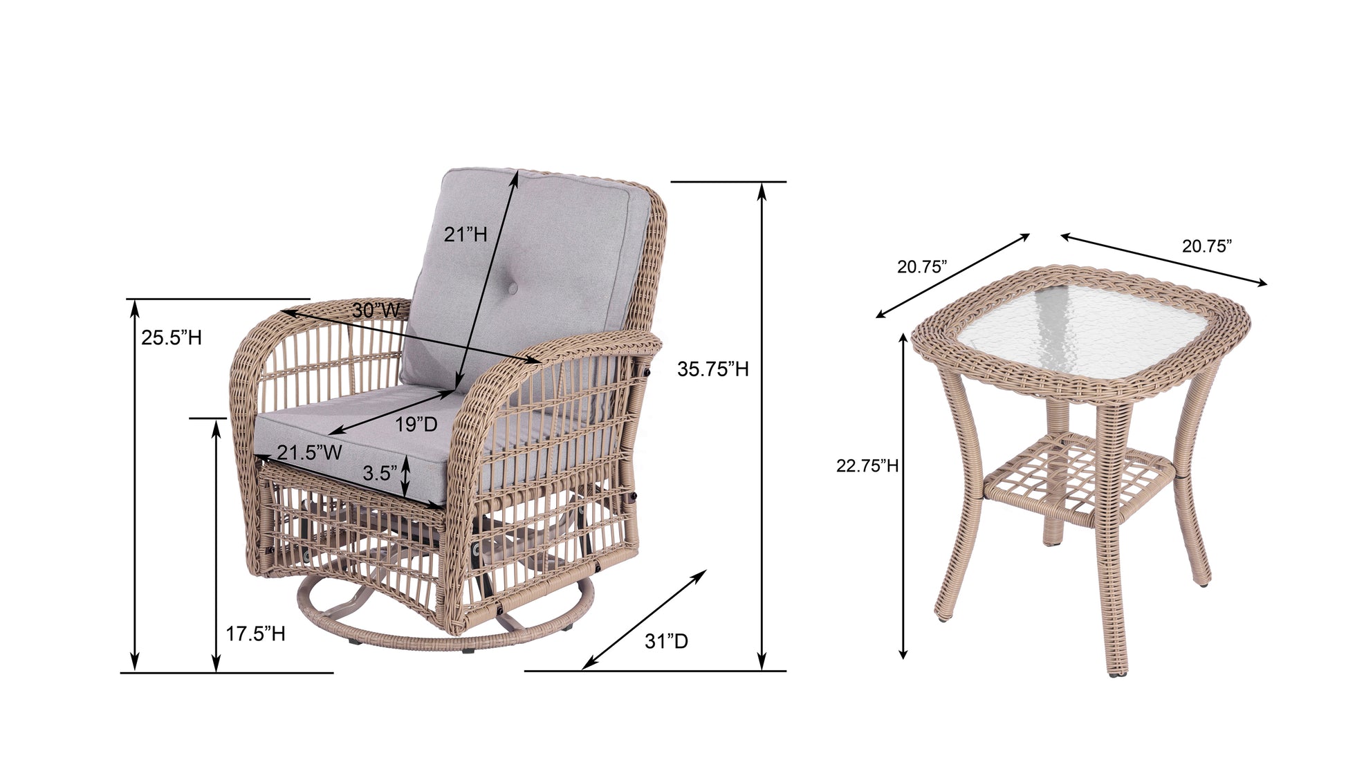 3 Pieces Outdoor Wicker Swive Rocking Chair Set, Patio Bistro Sets With 2 Rattan Rocker Chairs And Glass Coffee Table For Backyard Natural Wicker