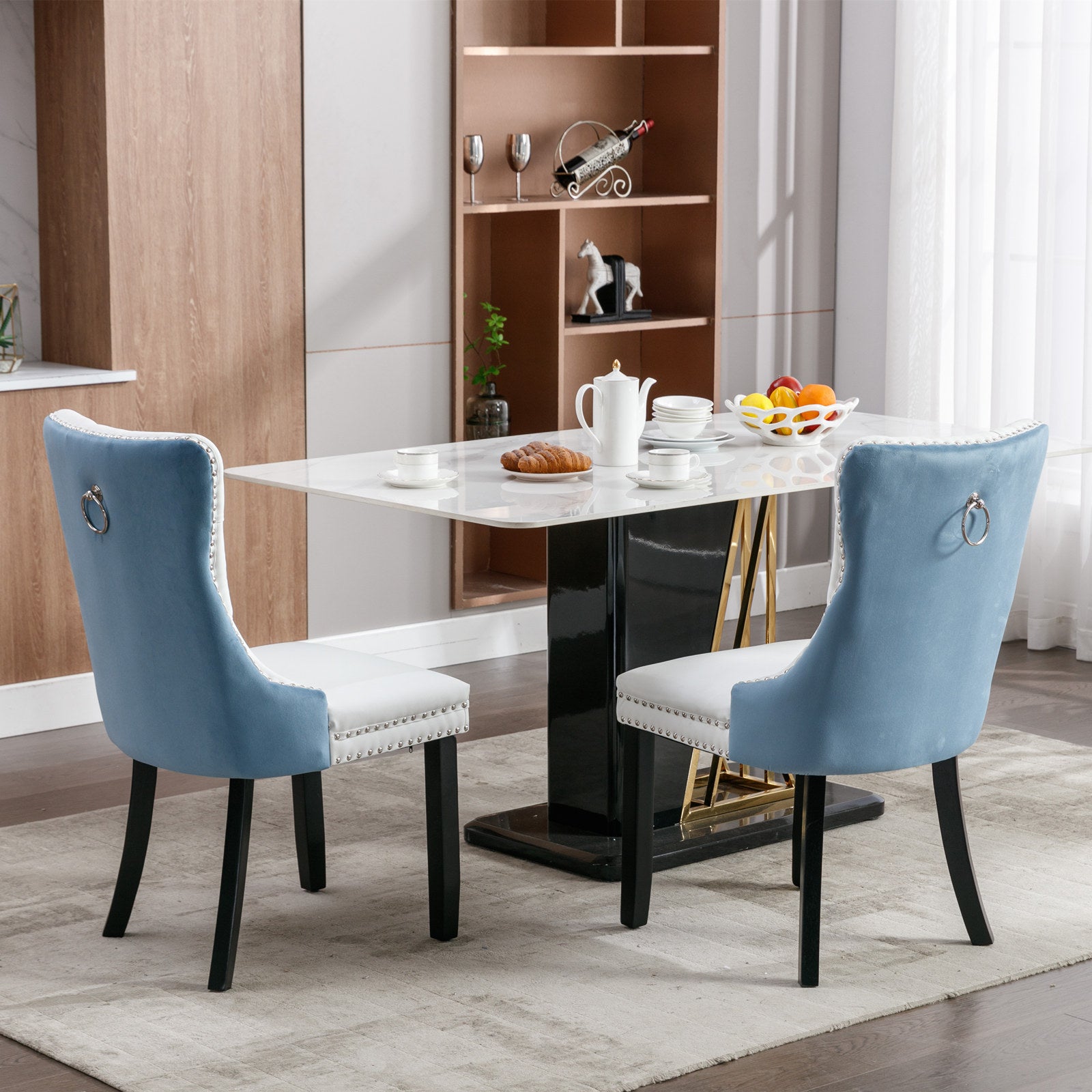 Nikki Collection Modern, High End Tufted Solid Wood Contemporary Pu And Velvet Upholstered Dining Chair With Wood Legs Trim 2 Pcs Set, White Light Blue, Sw2101Wl White Pu Dining Room American Design Rubberwood Foam Pu Leather