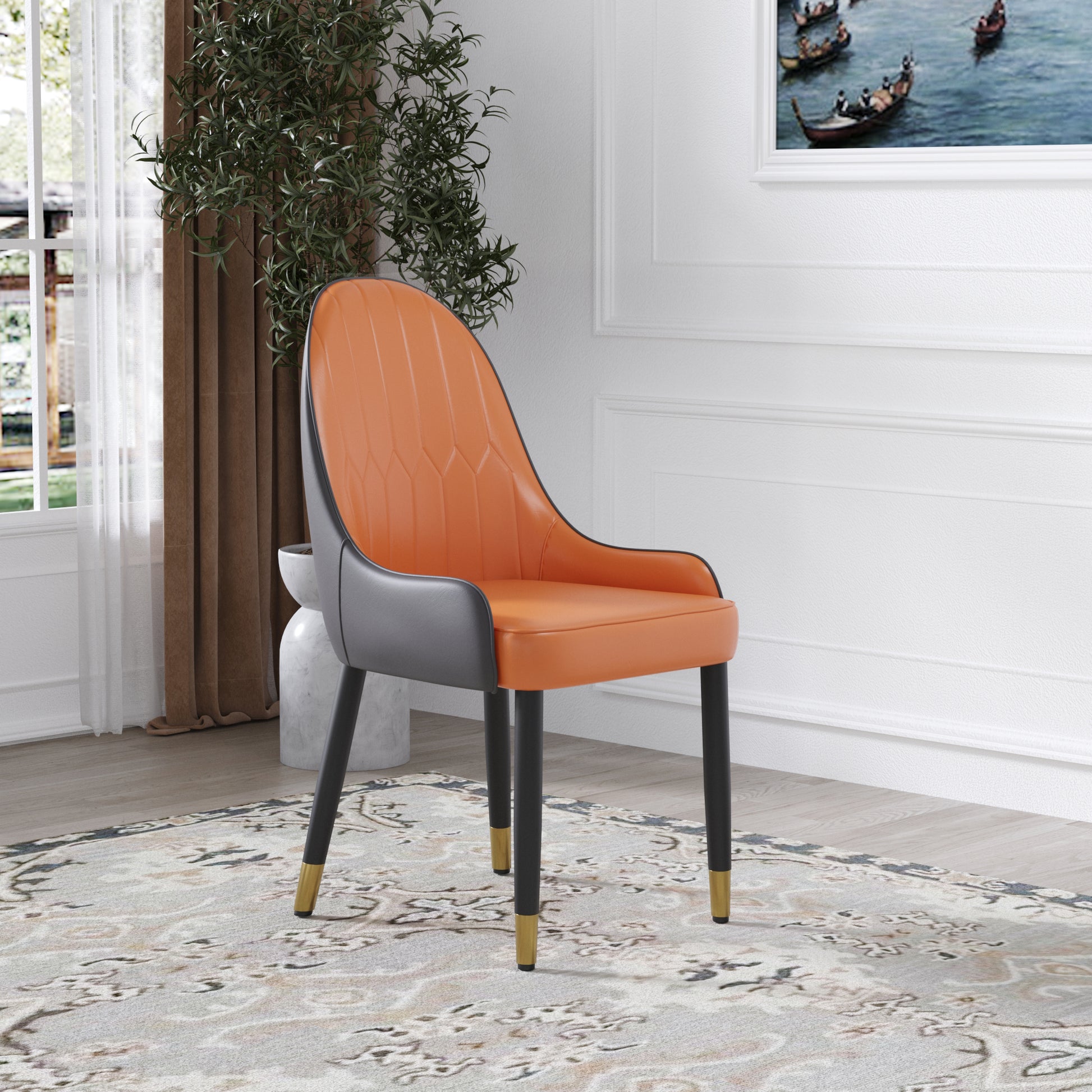 Modern Pu Sponge Filled Dining Chair, Solid Wood Metal Legs, Suitable For Restaurants, Living Rooms And Rooms Set Of 2 Orange Dark Brown Foam Pu