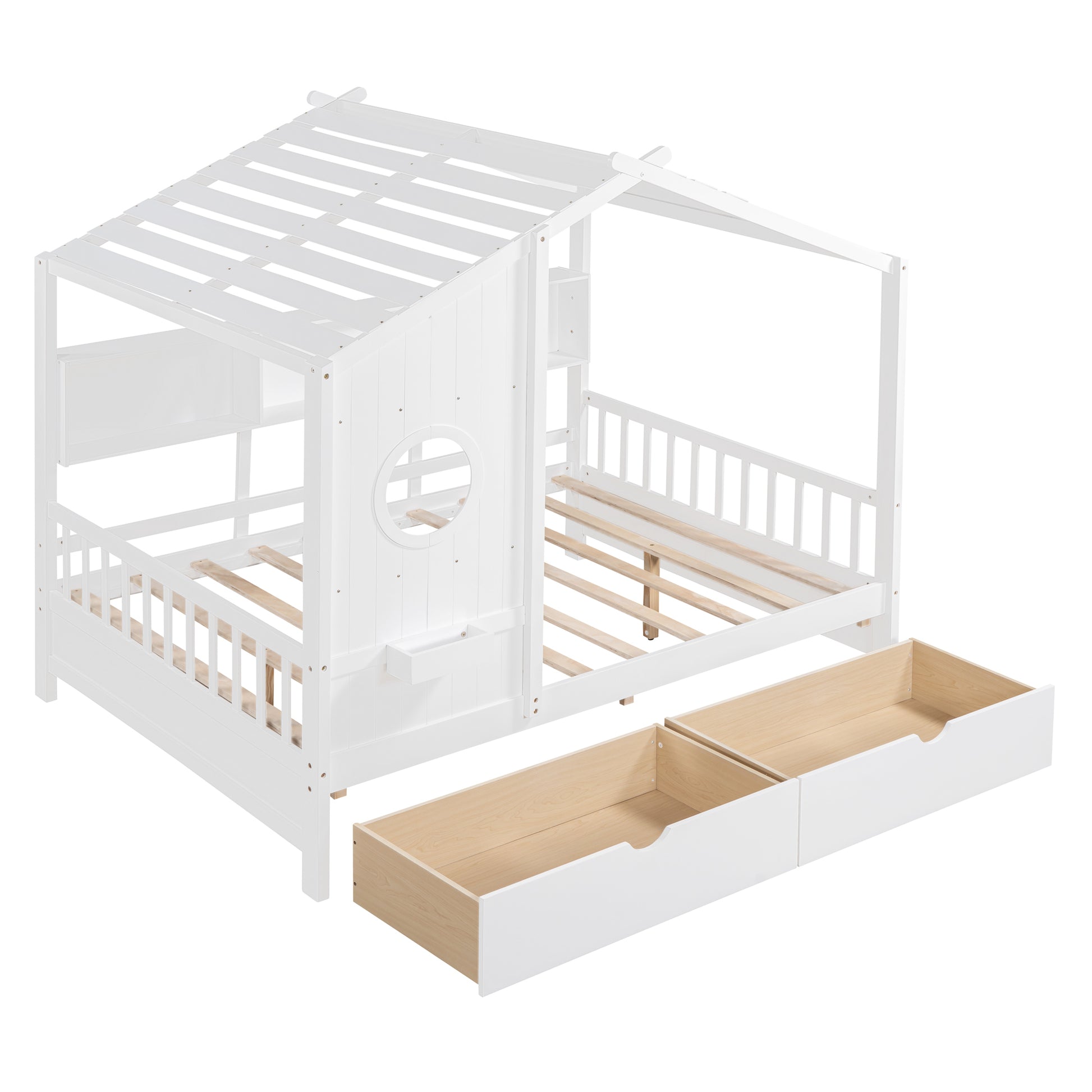 Wooden Full Size House Bed With 2 Drawers,Kids Bed With Storage Shelf, White Full White Solid Wood