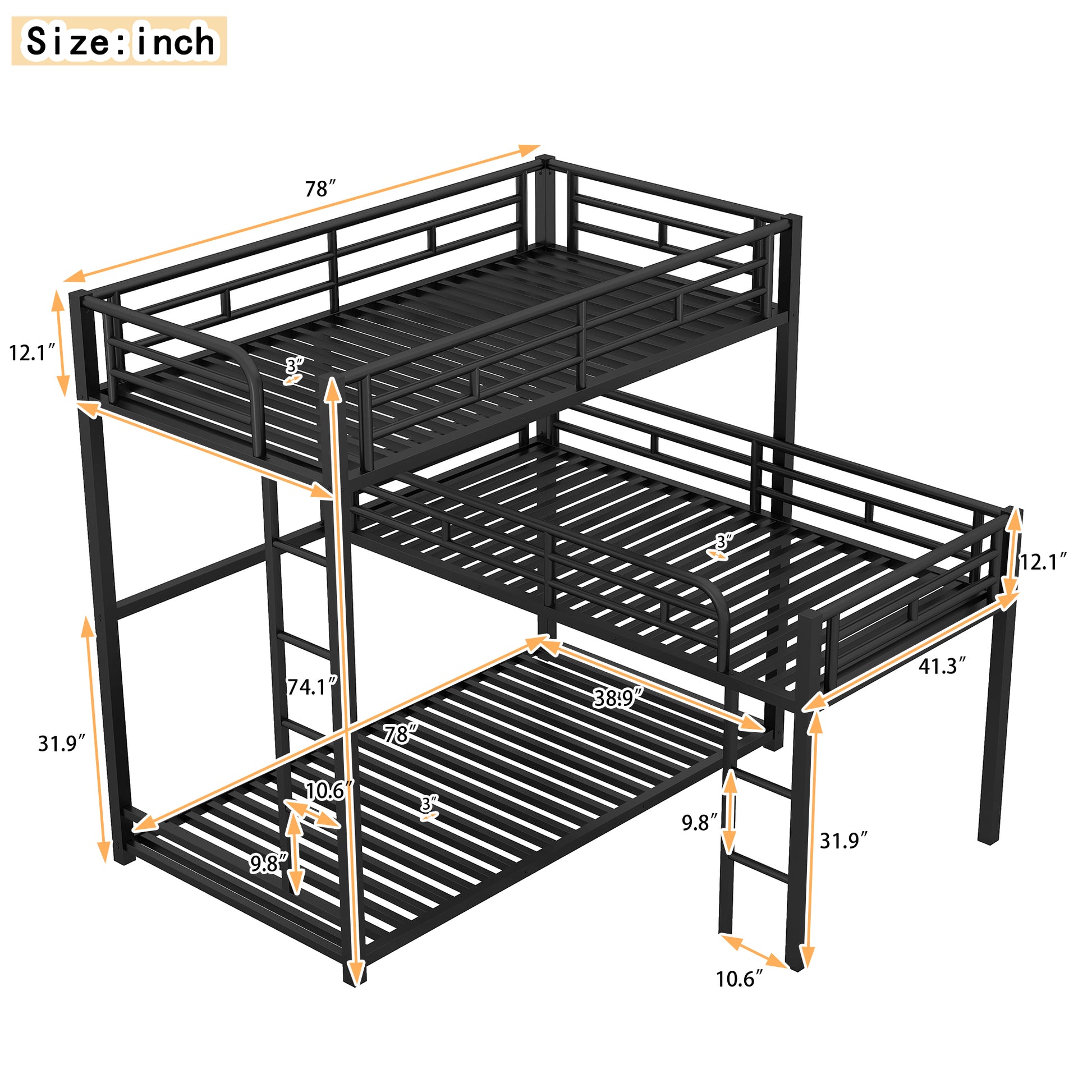 L Shaped Metal Triple Twin Size Bunk Bed, Black Old Sku:Sm000605Aab Box Spring Not Required Twin Black Metal Bedroom Bunk Metal