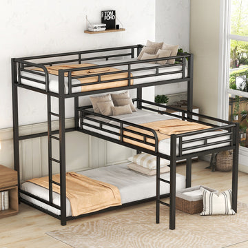 L Shaped Metal Triple Twin Size Bunk Bed, Black Old Sku:Sm000605Aab Box Spring Not Required Twin Black Metal Bedroom Bunk Metal