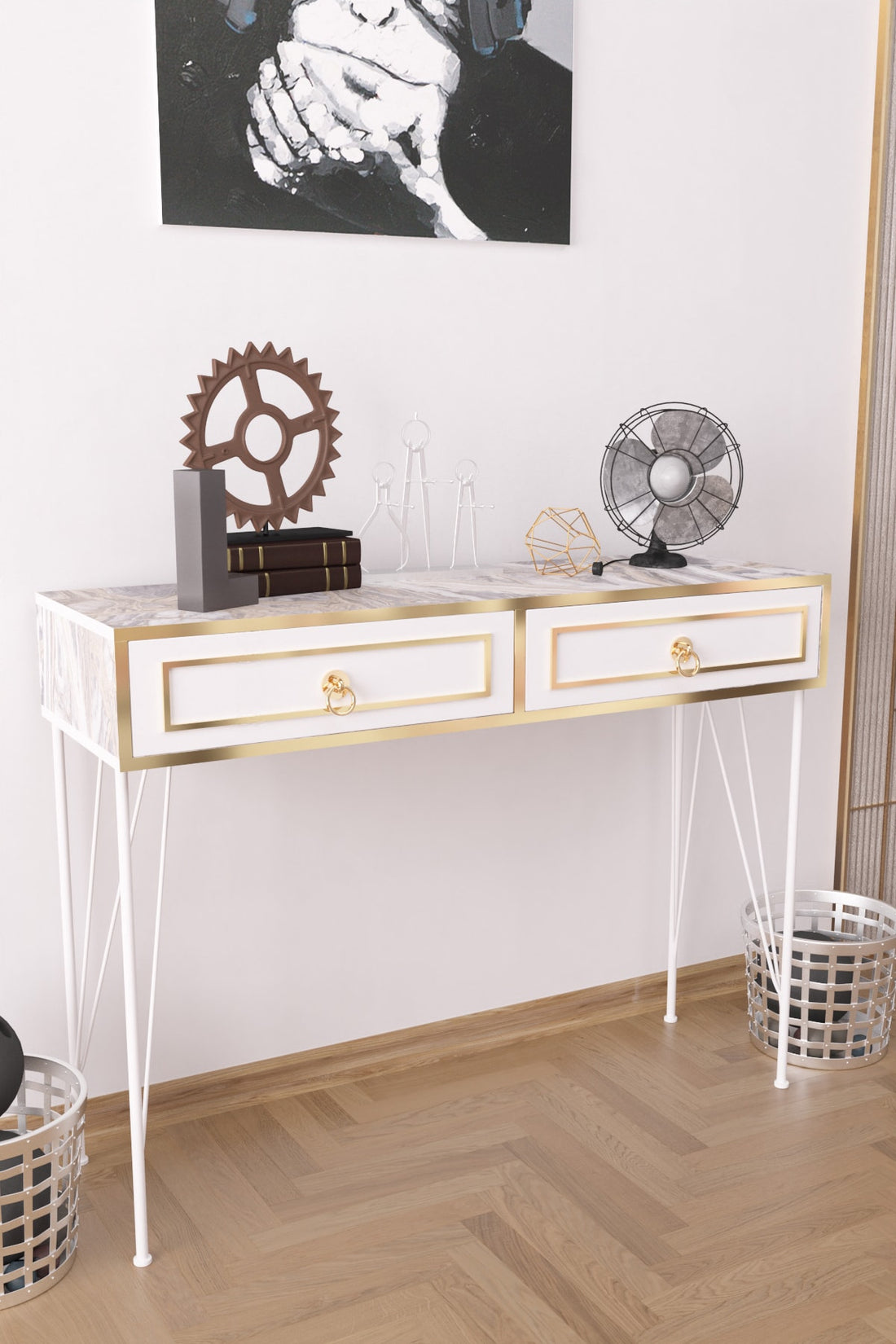 Ardeno Metal Legs Wood Base Console Table White Wood