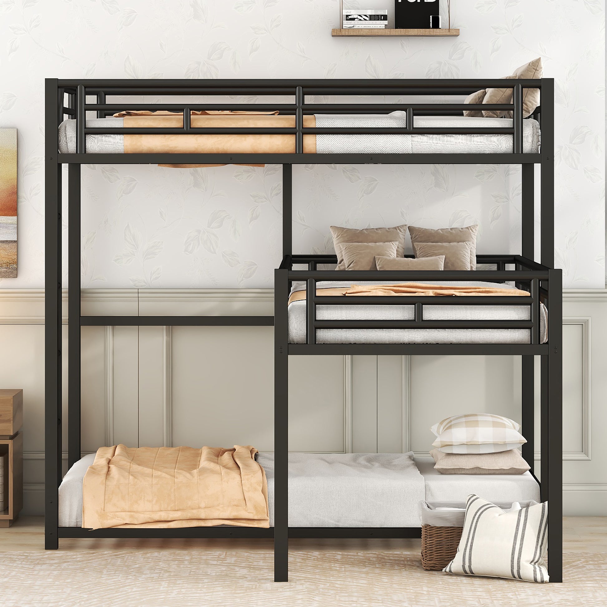 L Shaped Metal Triple Twin Size Bunk Bed, Black Old Sku:Sm000605Aab Box Spring Not Required Twin Black Metal Bedroom Bunk Metal