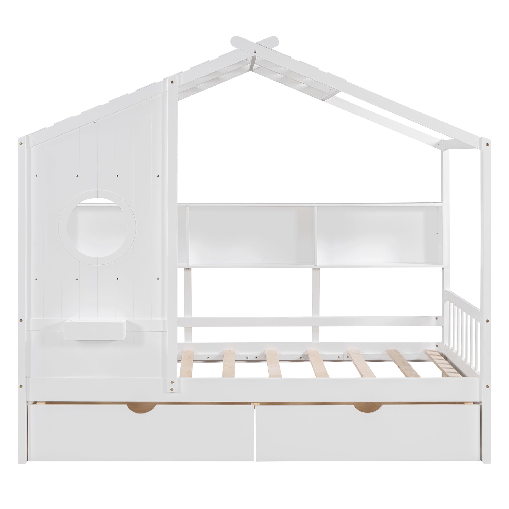 Wooden Twin Size House Bed With 2 Drawers,Kids Bed With Storage Shelf, White Twin White Solid Wood