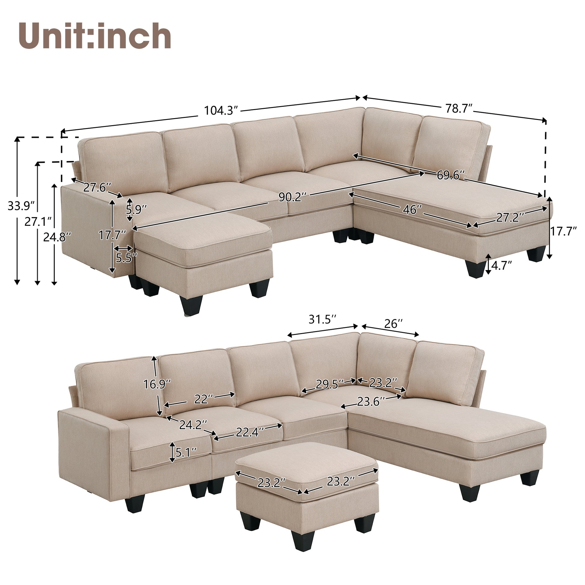104.3*78.7" Modern L Shaped Sectional Sofa,7 Seat Linen Fabric Couch Set With Chaise Lounge And Convertible Ottoman For Living Room,Apartment,Office,3 Colors Khaki Fabric