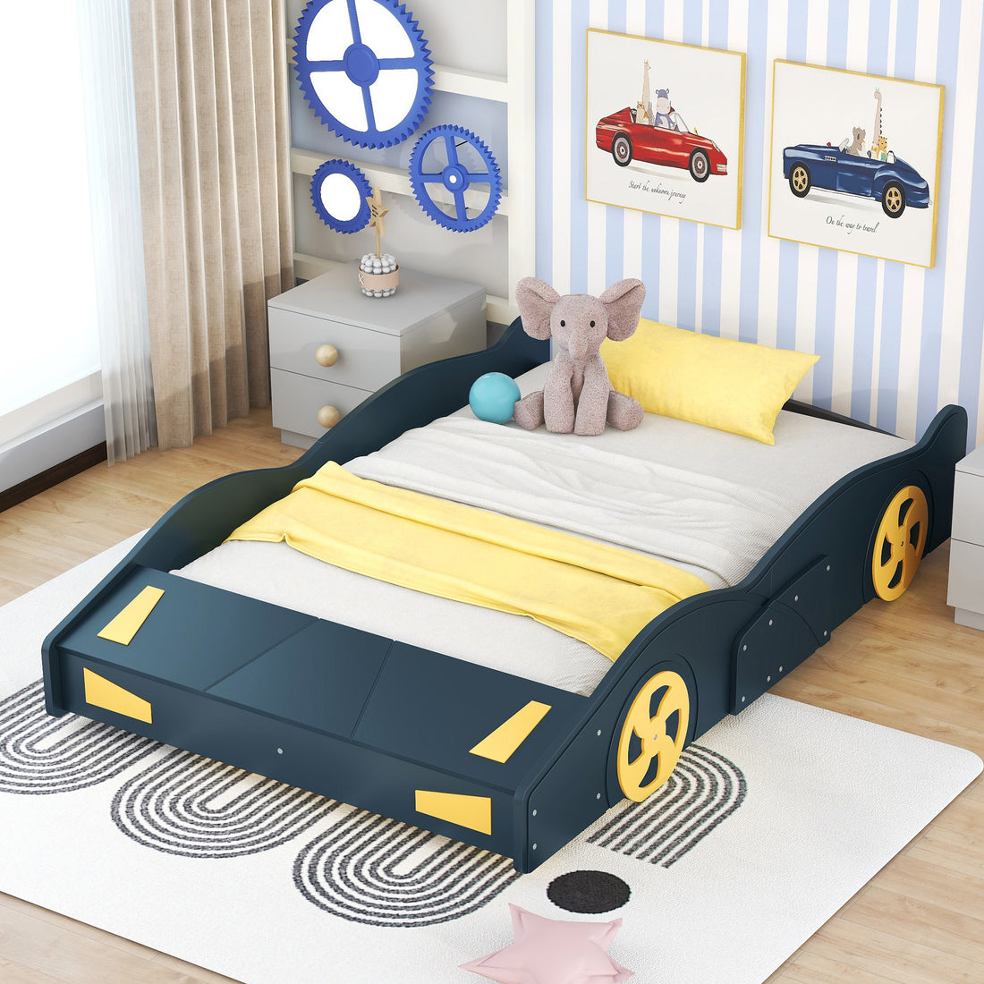 Full Size Race Car Shaped Platform Bed With Wheels And Storage, Dark Blue Yellow Box Spring Not Required Full Dark Blue Wood Bedroom Bed Frame Solid Wood Mdf